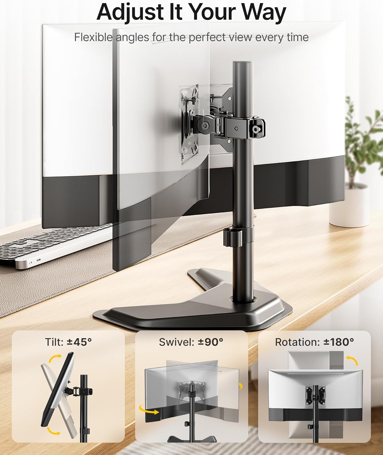 monTEK Stable Single Monitor Stand, Freestanding Monitor Arm for 17 to 32 inch & 22lbs Capacity Screen, Adjustable Height Desk Mount with Swivel and Tilt, VESA 75x75/ 100x100mm