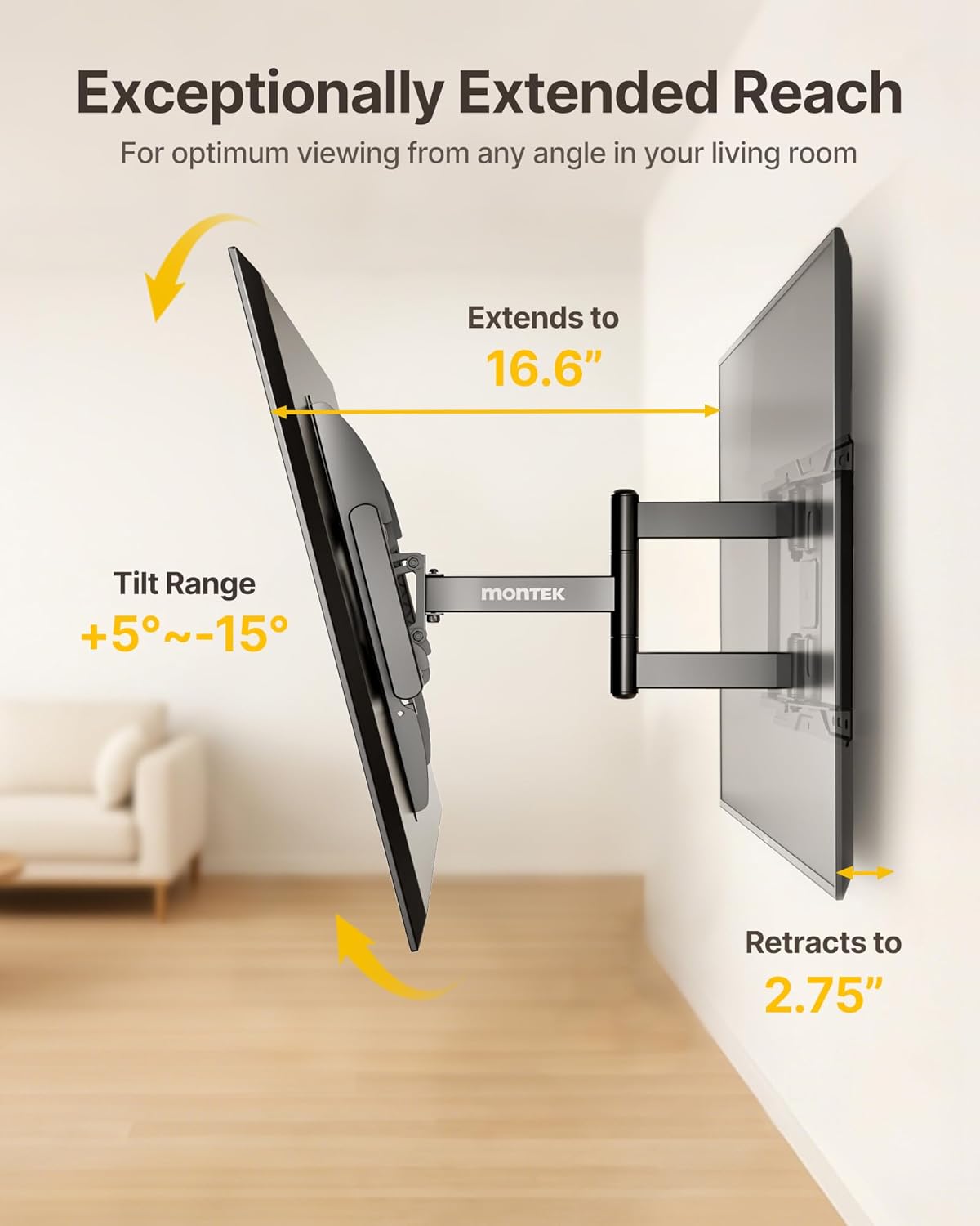 monTEK Full Motion TV Wall Mount for 37-84 Inch TVs, TV Mount Bracket with Articulating Arms, Tool-Free Tilt & Swivel, Extension, Max VESA 600x400mm, Fits 12“/16" Wood Studs, Up to 110lbs, 4X Tested