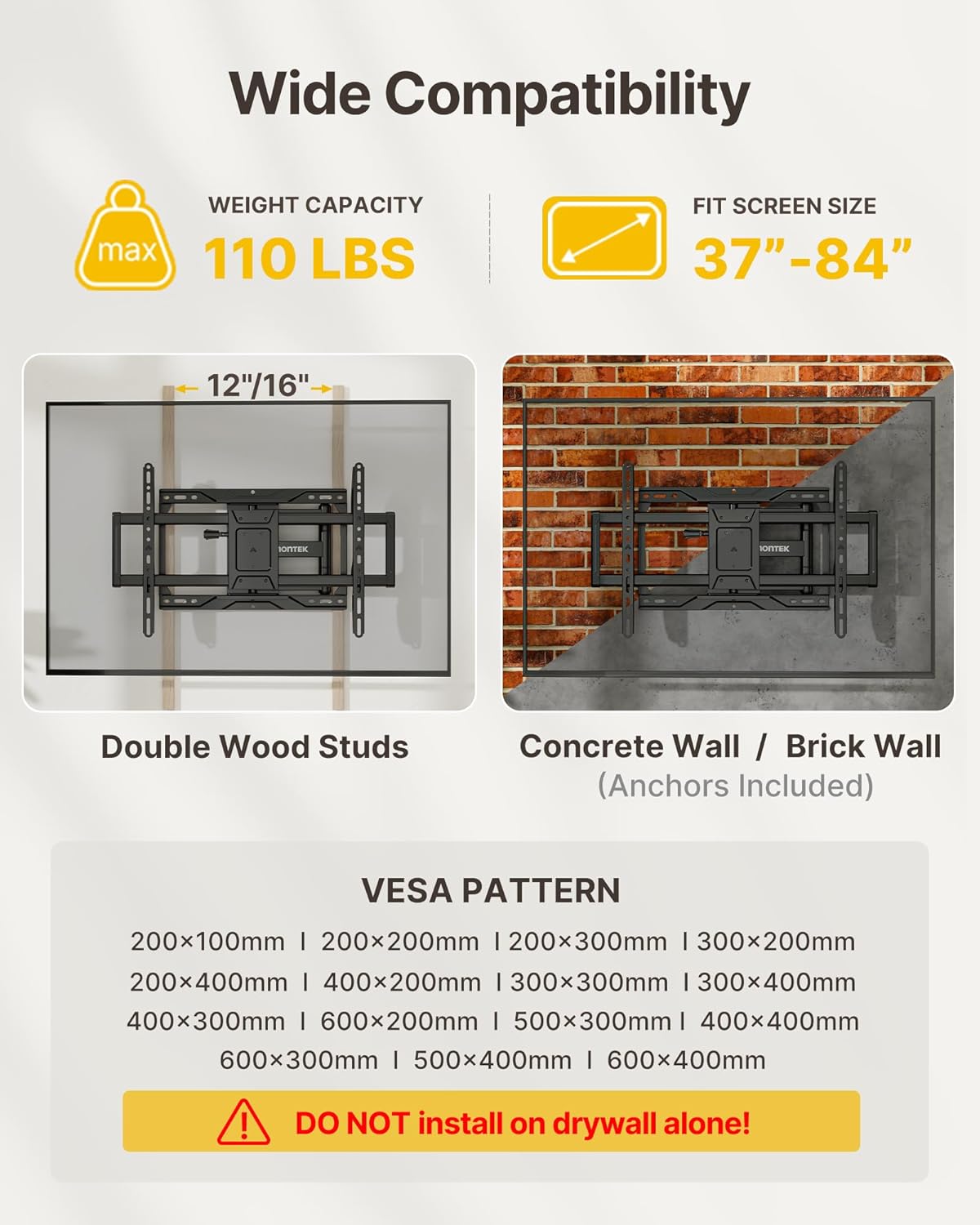 monTEK Full Motion TV Wall Mount for 37-84 Inch TVs, TV Mount Bracket with Articulating Arms, Tool-Free Tilt & Swivel, Extension, Max VESA 600x400mm, Fits 12“/16" Wood Studs, Up to 110lbs, 4X Tested