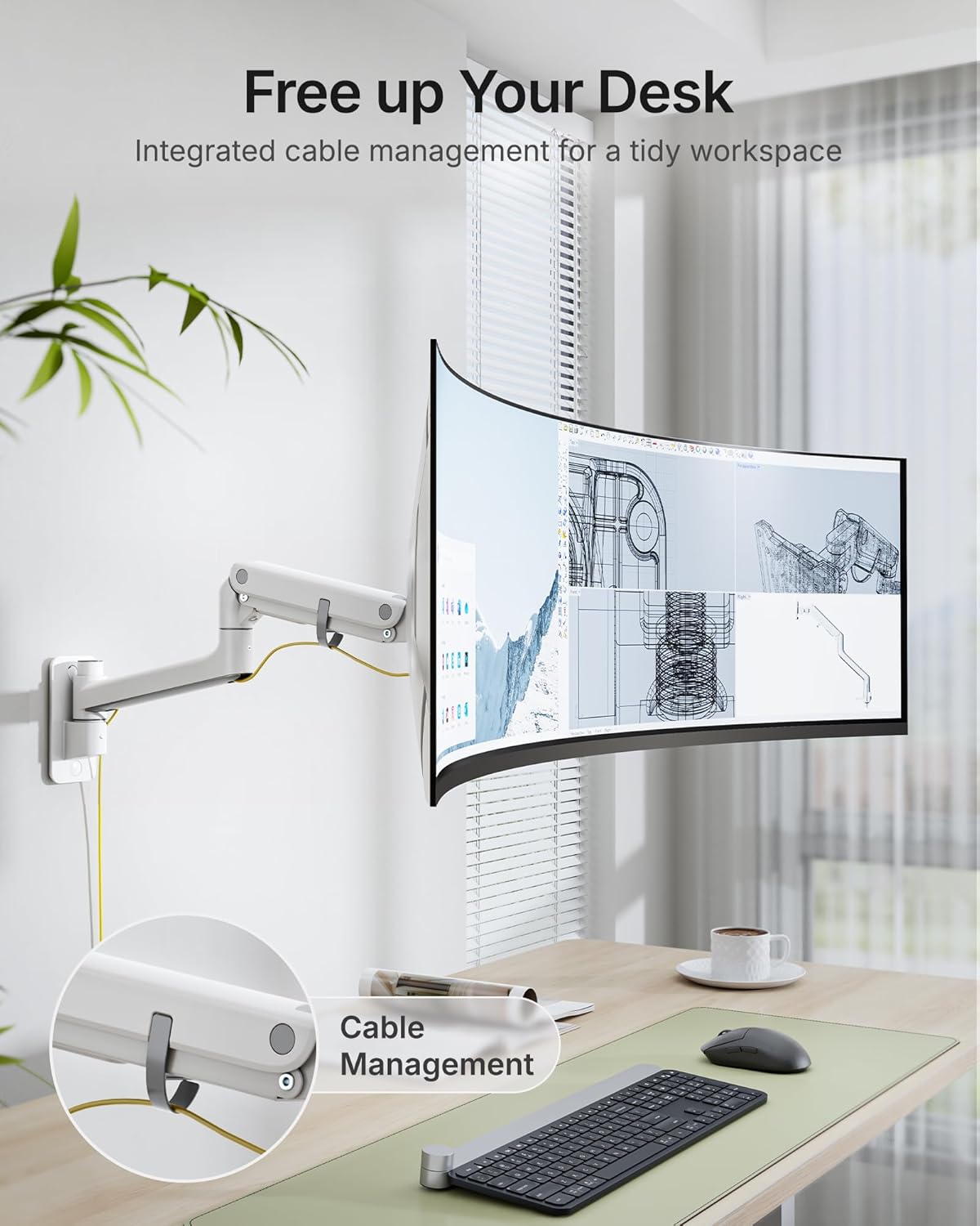 monTEK 17-49 inch Single Monitor Wall Mount for up to 44 lbs Ultrawide Screen, Premium Aluminum Heavy Duty Monitor Arm with Adjustable Gas Spring Arm, 75x75/100x100 VESA Mount, White