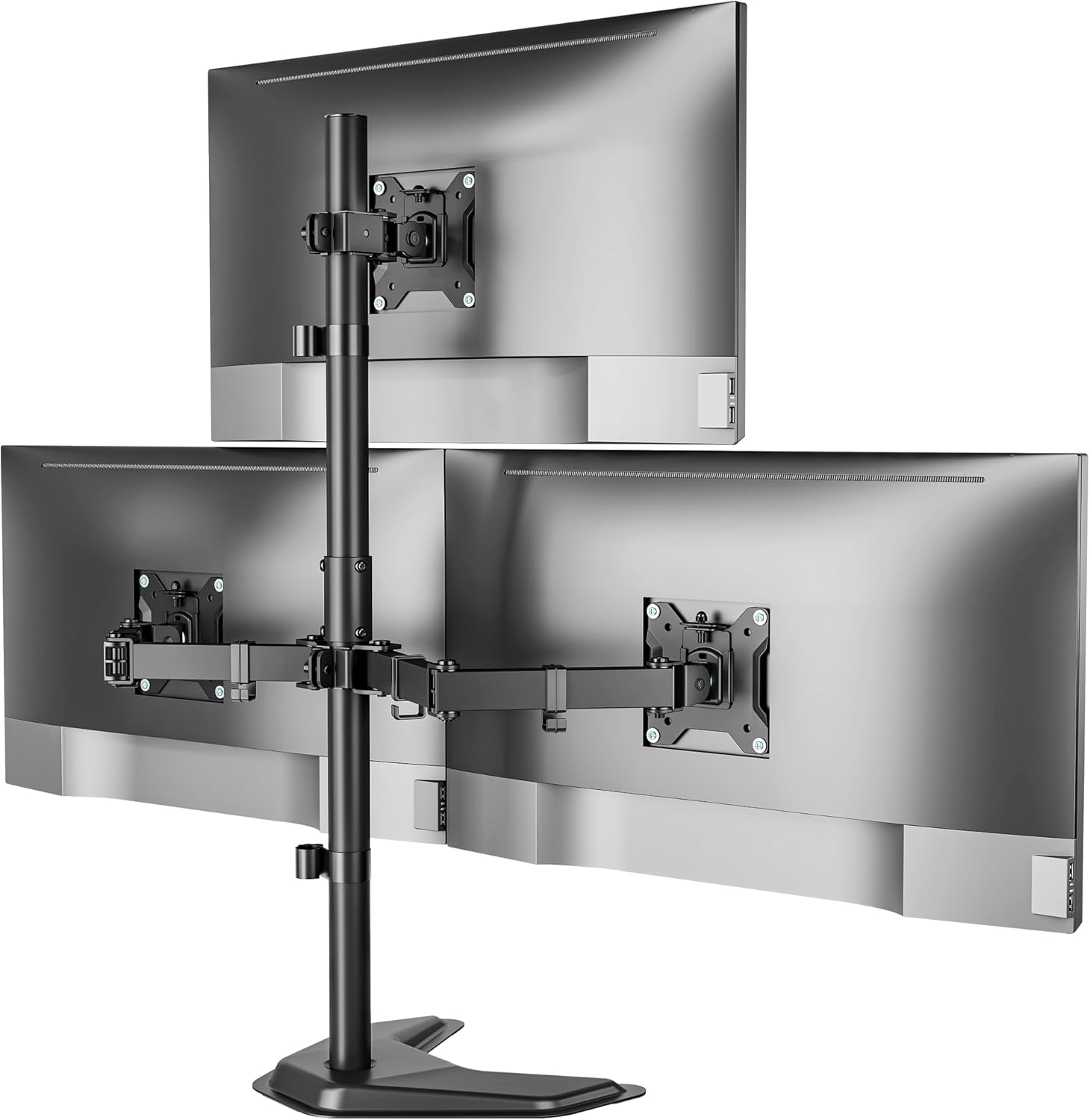monTEK Stable Triple Monitor Stand, Free Standing Fully Adjustable Desk Mount for 3 Screen up to 17”-32” and 22lbs Capacity Each Arm, Heavy Duty Base, VESA 75x75mm/ 100x100mm