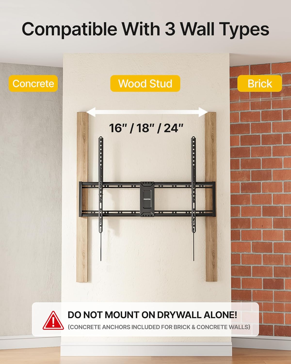 monTEK Heavy Duty Fixed TV Wall Mount for 43–100 Inch TVs up to 200 lbs, 1.2" Ultra Slim Low Profile Wall Mount Bracket, Max VESA 800x600mm, Fits 16"/18"/24"/32" Wood Studs, Secure Space-Saving Design