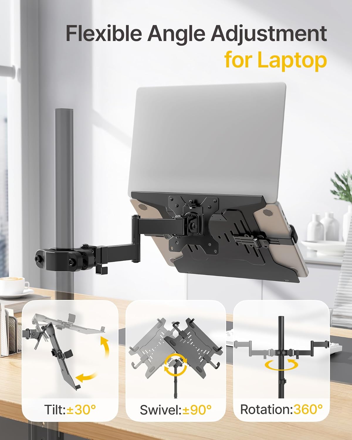 monTEK 2-in-1 Universal Laptop Pole Mount Tray for 10”- 15.6” Notebook or 17”-32” Monitor, Full Motion Laptop Mount with Removable 75/100mm VESA Plate, Fits 1.1”-2.4” Pole Diameter, Black