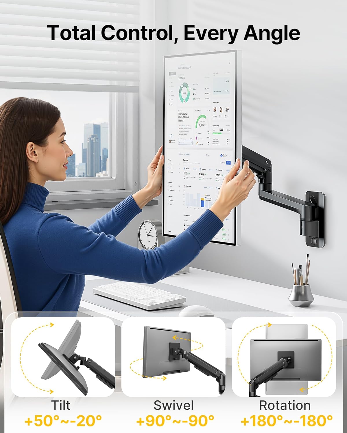 monTEK Ultra Wide Monitor Wall Mount for 17-49 Inch Screens, Heavy Duty Single Monitor Mount up to 44 lbs, Fully Adjustable Gas Spring Wall Mount, 75x75/100x100 VESA Mount, Black