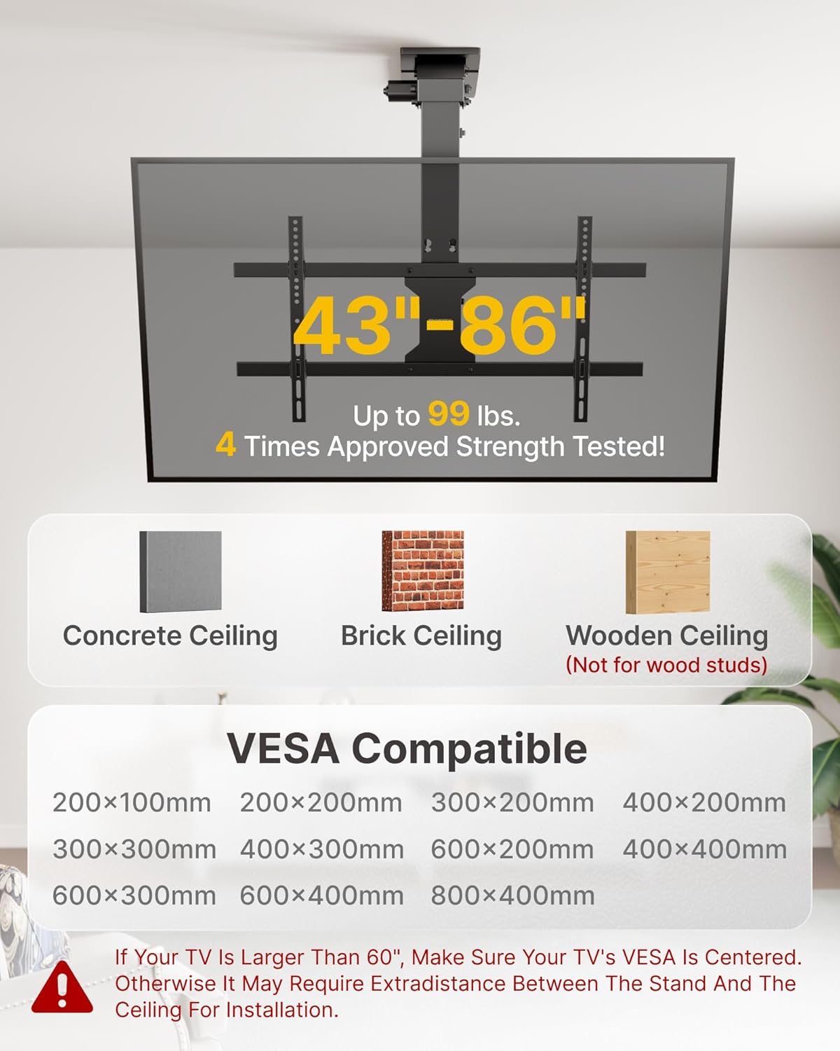 monTEK Motorized Ceiling TV Mount with Remote for 43-86 Inch TVs, Electric TV Mount Motorized Drop Down for Flat and Pitched Roof,Holds up to 99 lbs, 4X Load Tested, App and Voice Control