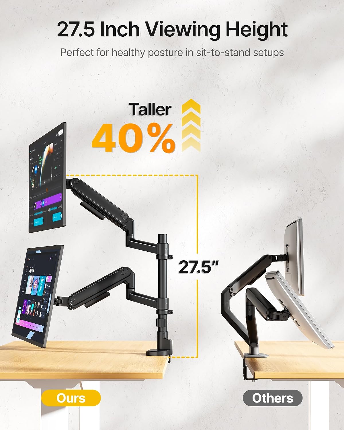 monTEK Dual Vertical Monitor Arm up to 40 inch, Aluminum Heavy-Duty Height Adjustable Stacked Desk Monitor Stand Full Motions Arm Mechanical Spring Holds Up to 26.4lbs,VESA 75x75/100x100,Black