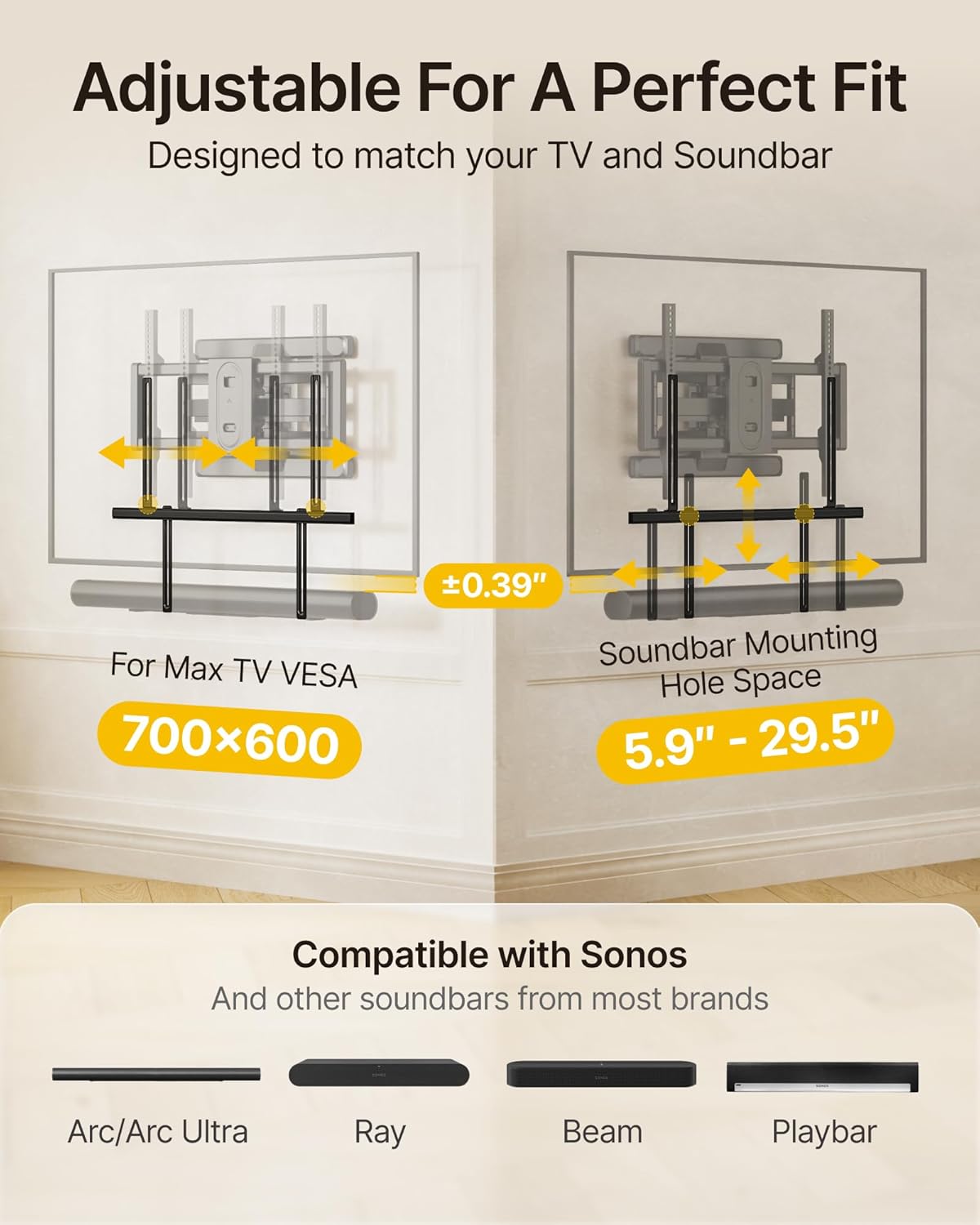 monTEK Soundbar Mount up to 22 lbs fits Sonos Arc/Arc Ultra/Beam/Ray/Playbar, Bose Soundbar 500/700, Samsung & Sony & LG & JBL, Adjustable Soundbar Mount Under TV, Black