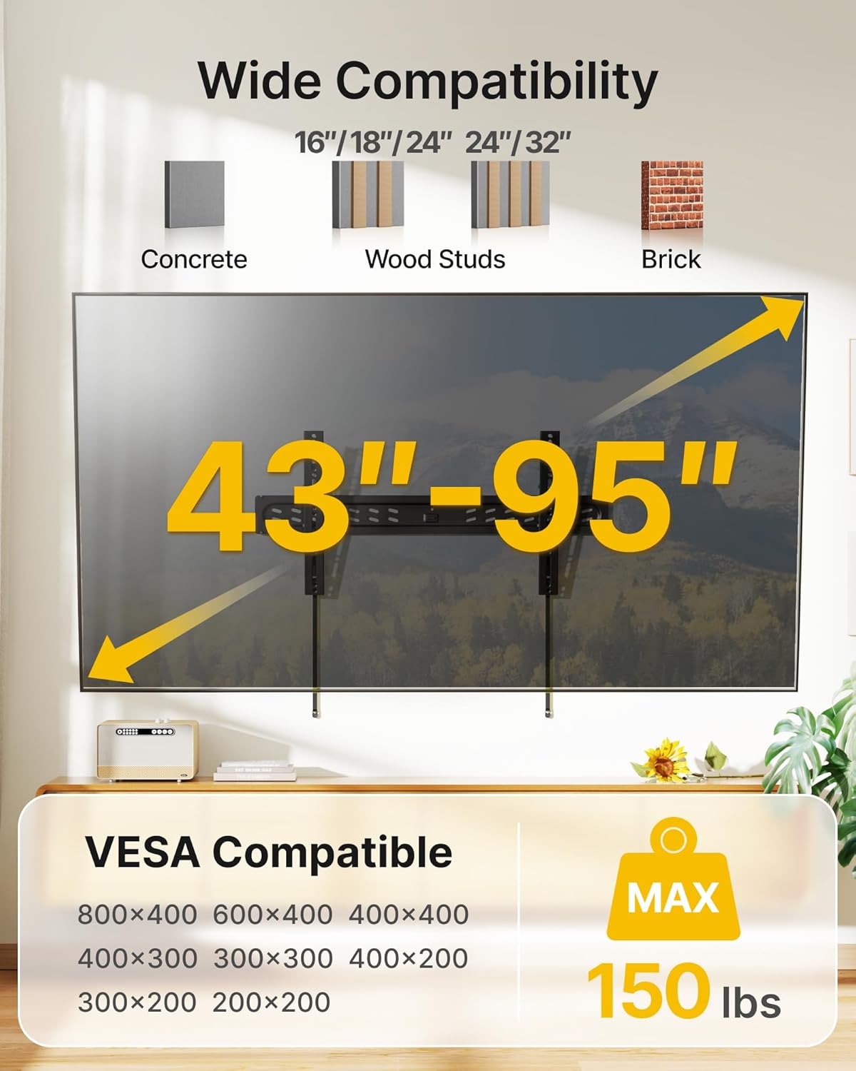 monTEK Ultra Slim Fixed TV Wall Mount Bracket for 43–95" Flat & Curved TVs, Super Low Profile 0.95" from Wall, Holds 150 lbs, Supports VESA 800x400, Fits 16"/18"/24"/32" Studs, TM1006W-LF