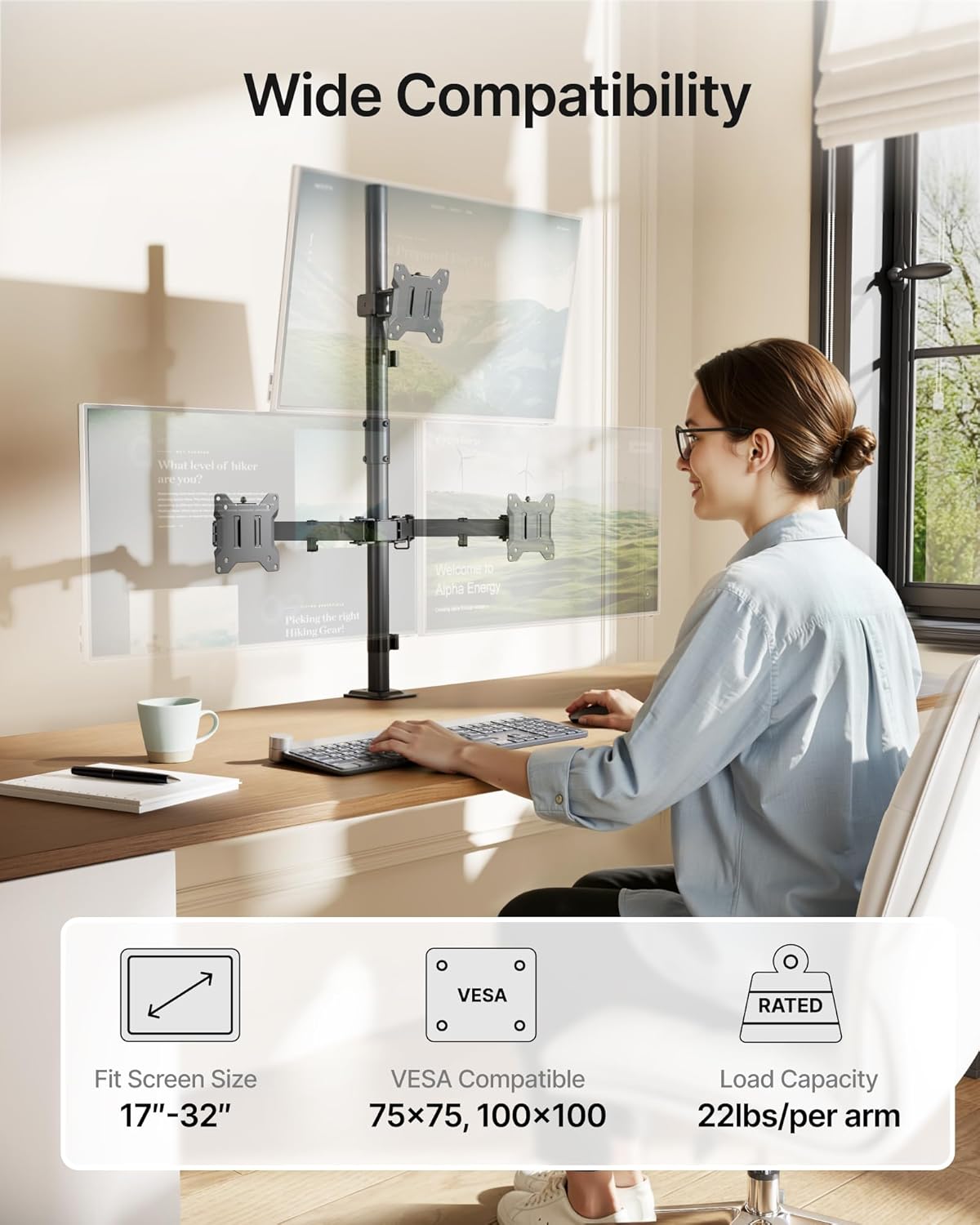 monTEK Triple Monitor Stand Mount, Fully Adjustable Desk Mount for 3 Screen up to 17”-32” and 22lbs Capacity Each Arm, Stable Monitor Arm with C Clamp and Grommet Base, VESA 75x75mm/100x100mm