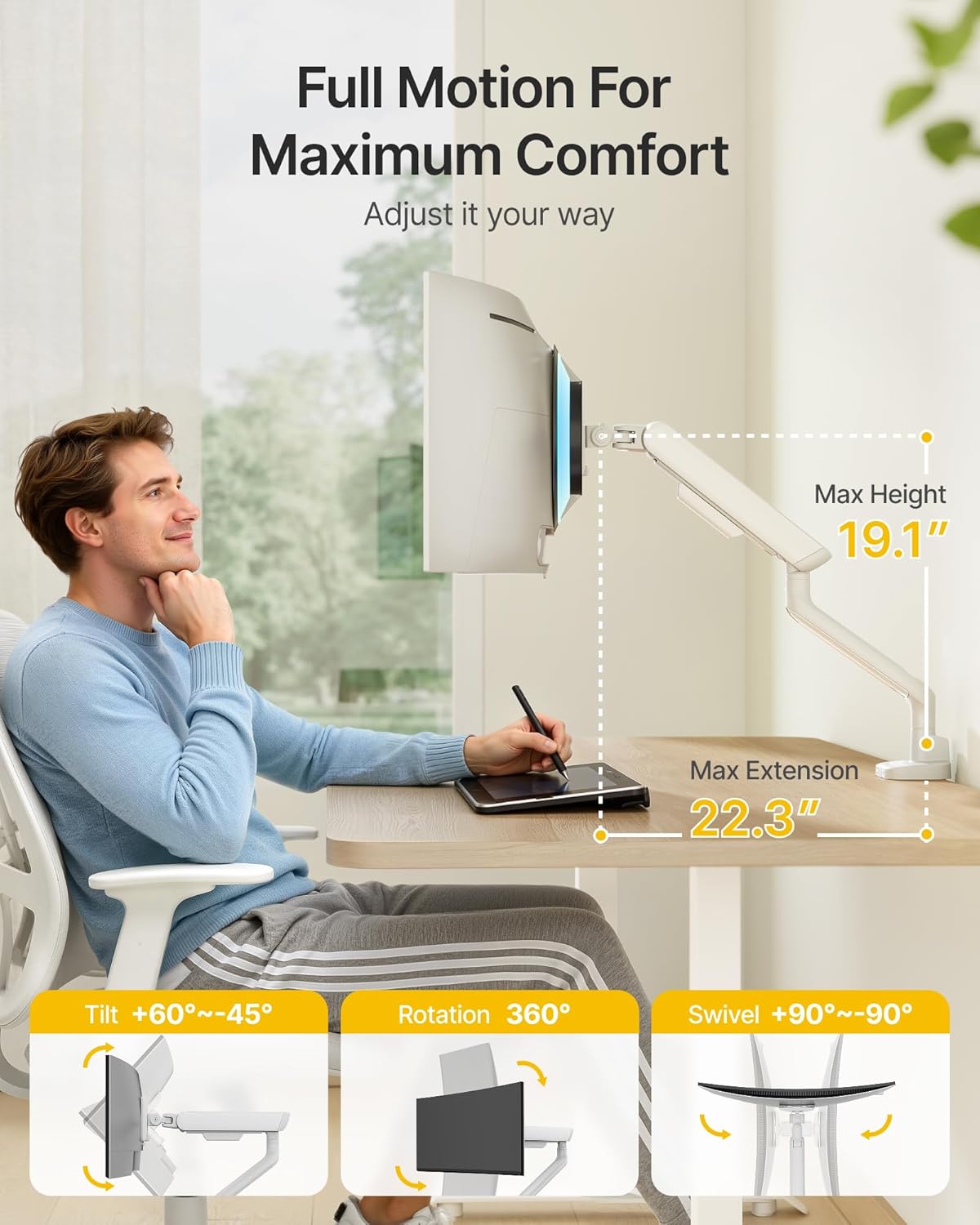 monTEK Single Monitor Arm with USB, Mechanical Spring Monitor Arm for 17-40" Screens, Adjustable Monitor Desk Mount Holds up to 26.4 lbs with C Clamp/Grommet Desk Mount, VESA 75/100mm, MA1011UCWH