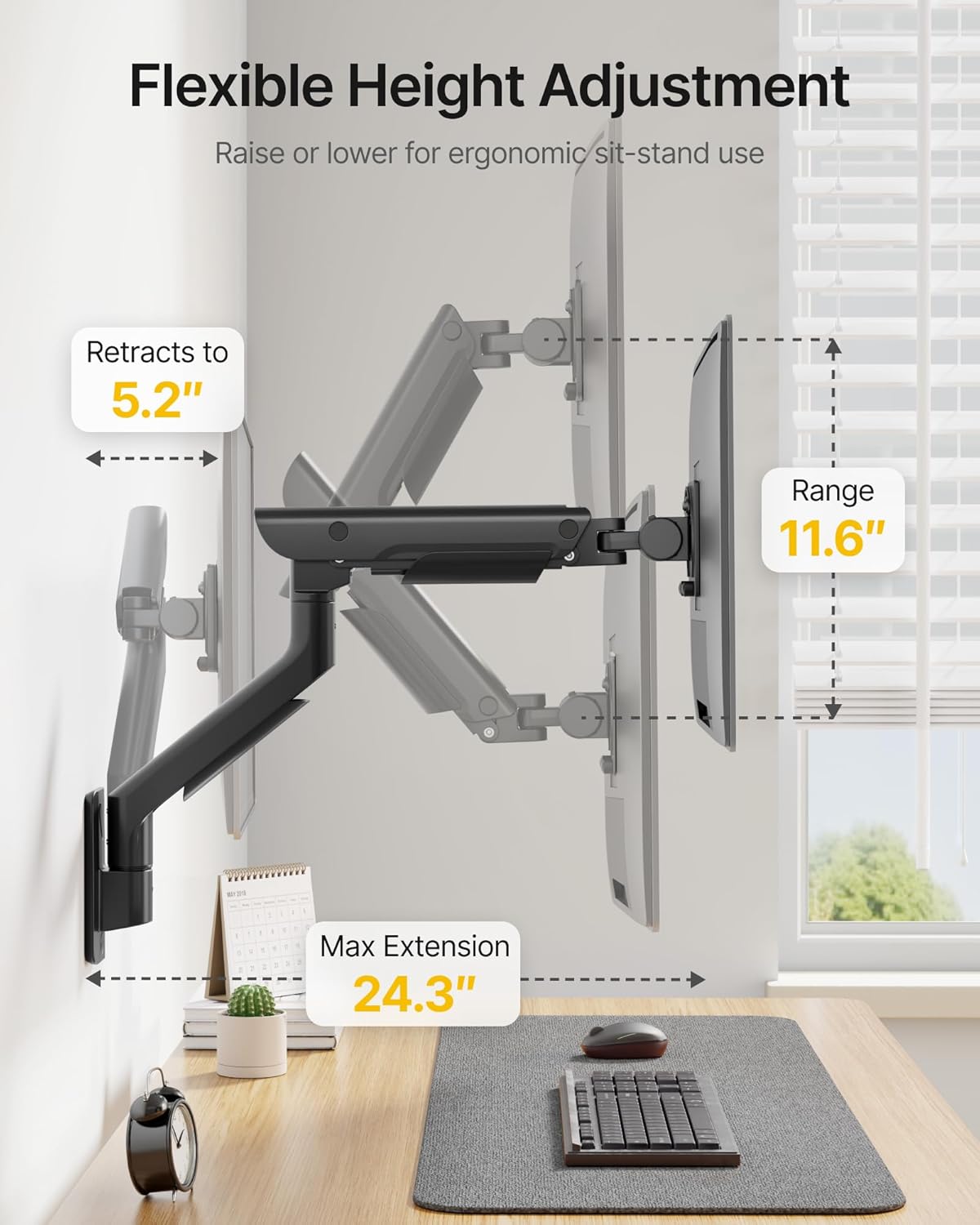 monTEK Heavy-Duty Single Monitor Wall Mount for 17-57” Ultrawide Screens up to 59.4lbs, Premium Aluminum Wall Mount Monitor Arm with Full Motion Adjustment, Pneumatic Lift, Max VESA 100x100