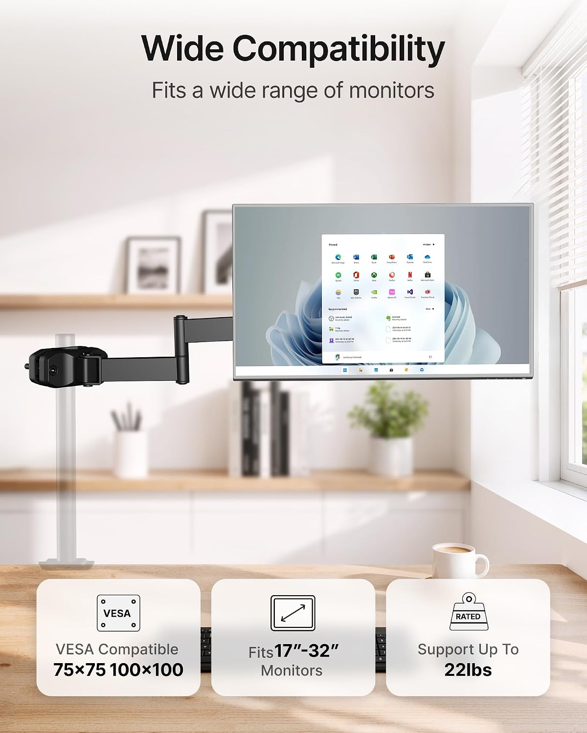 monTEK Universal VESA Steel Pole Mount Full Motion Monitor Arm, Fits 17 to 32 Inch Screens with Removable 75x75/100x100 VESA Plate, Holds Up to 10kg/22lbs, Black Clamp Mount with Cable Management