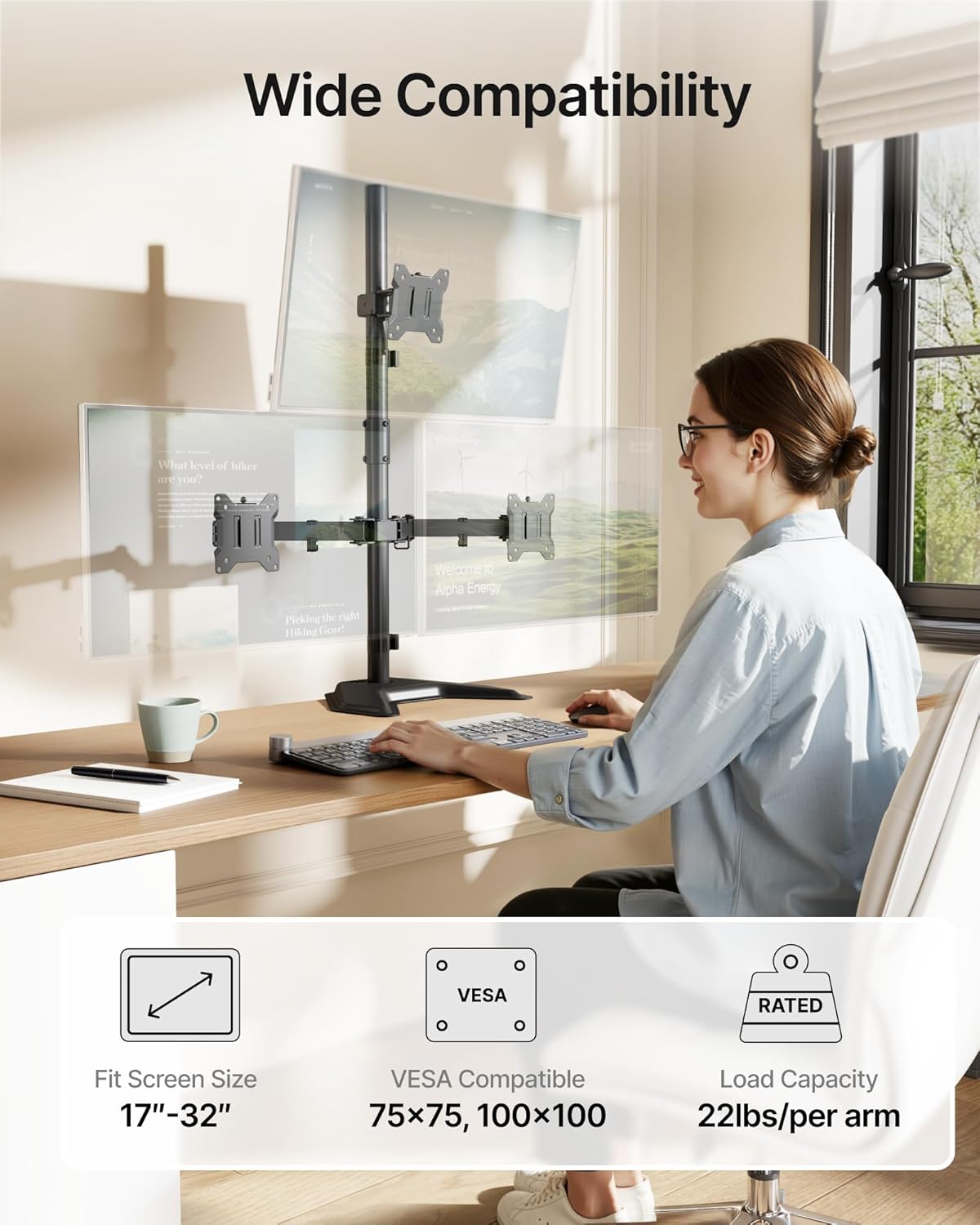 monTEK Stable Triple Monitor Stand, Free Standing Fully Adjustable Desk Mount for 3 Screen up to 17”-32” and 22lbs Capacity Each Arm, Heavy Duty Base, VESA 75x75mm/ 100x100mm