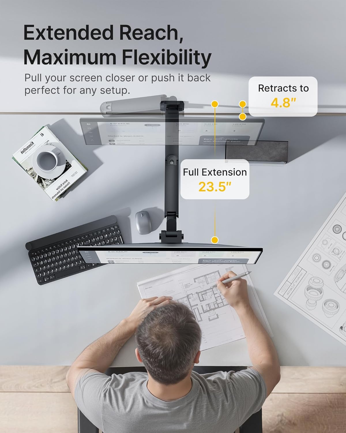 monTEK Ultra Wide Monitor Wall Mount for 17-49 Inch Screens, Heavy Duty Single Monitor Mount up to 44 lbs, Fully Adjustable Gas Spring Wall Mount, 75x75/100x100 VESA Mount, Black