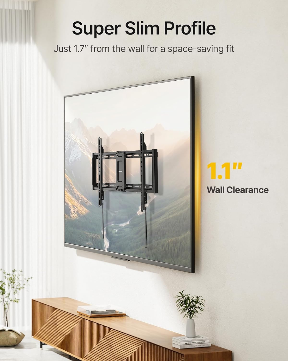 monTEK Heavy Duty Fixed TV Wall Mount for 37–90 Inch TVs, 1.1" Ultra Slim Low Profile Bracket, 200 lbs Capacity, Max VESA 600x400mm, Fits 16"/18"/24" Studs, Space-Saving for Large Flat & Curved TVs