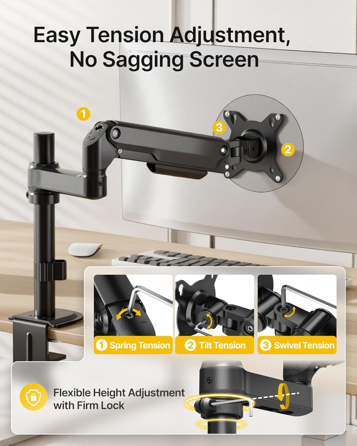 monTEK Tall Single Monitor Arm, Heavy Duty Adjustable Desk Mount for 17–32" Screens, Holds 19.8 lbs, 21 in Max Height, Full Motion Swivel & Tilt, VESA 75/100mm