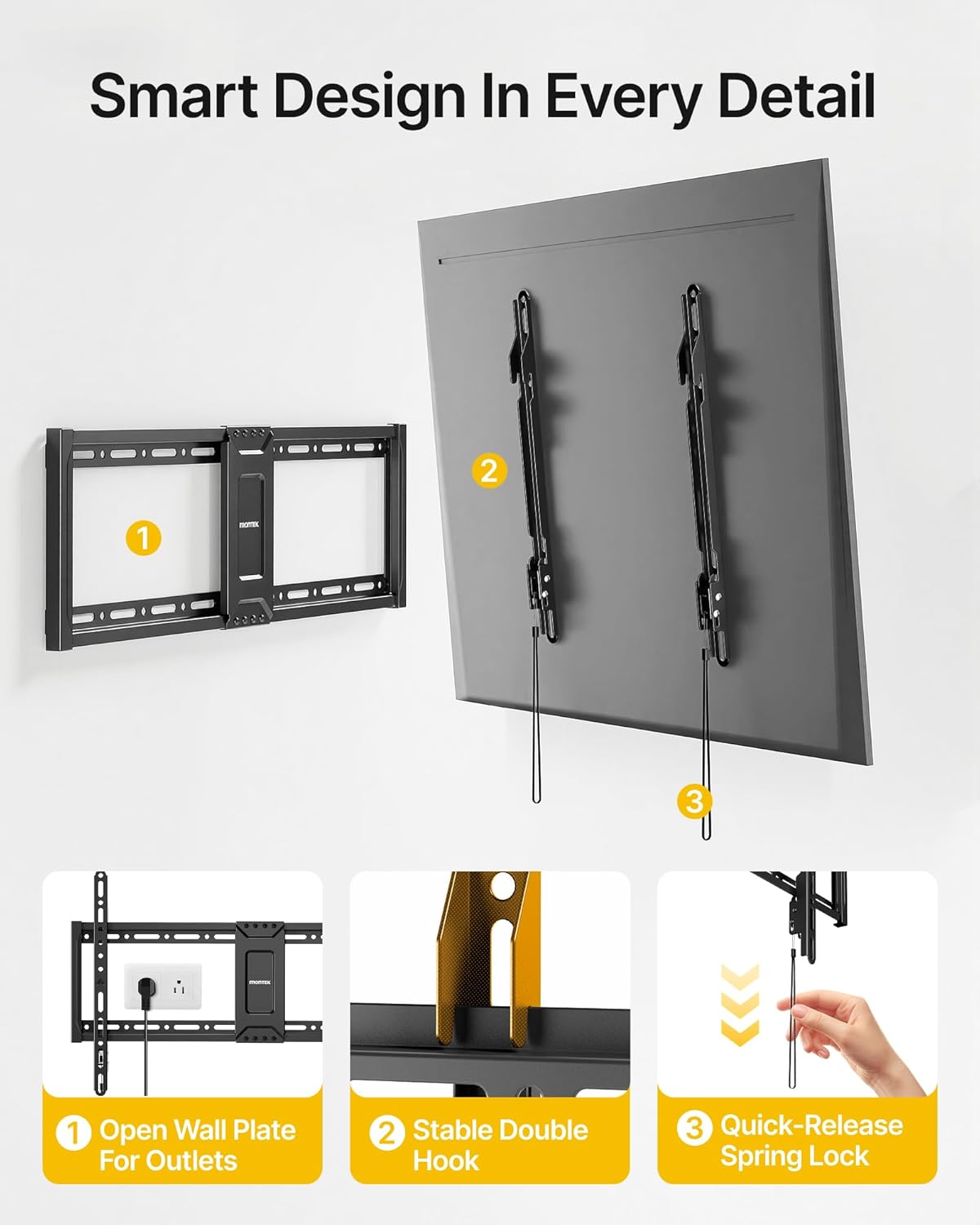 monTEK Heavy Duty Fixed TV Wall Mount for 37–90 Inch TVs, 1.1" Ultra Slim Low Profile Bracket, 200 lbs Capacity, Max VESA 600x400mm, Fits 16"/18"/24" Studs, Space-Saving for Large Flat & Curved TVs