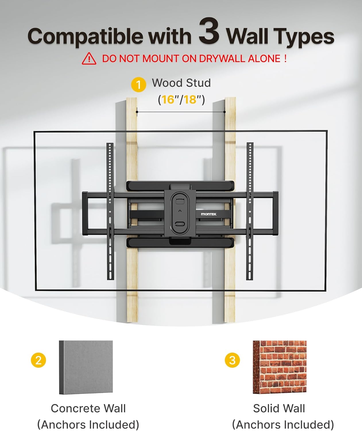 monTEK Heavy Duty Full Motion TV Wall Mount for 43–100 Inch TVs, Pre-Assembled Bracket with Tool-Free Tilt, Swivel & Extension, Max VESA 800x600, 150lbs 4X Strength Tested, Fits 16/18 Inch Studs