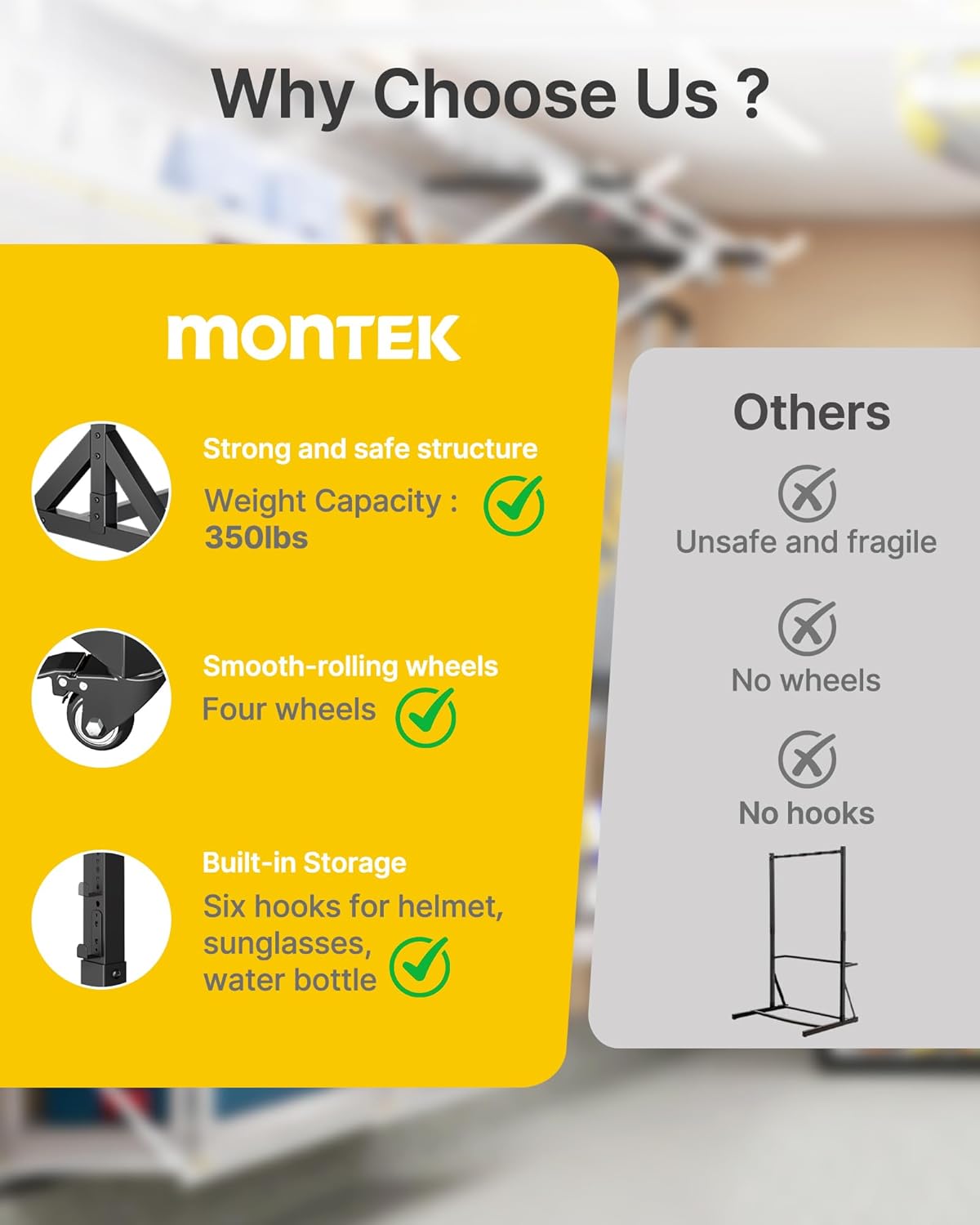 monTEK Freestanding Bike Storage Rack for 5 Bikes, Heavy Duty 350LBS Vertical Bike Stand with 5 Bike Hooks & 6 Helmet Hooks, Indoor and Outdoor Bike Storage Rack with Locking Casters