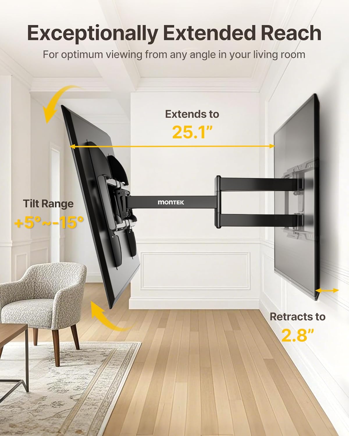 monTEK Heavy Duty TV Wall Mount for 37-90 Inch TVs up to 165lbs, 4X Load Tested, 25.1" Extended Full Motion Dual Articulating Arms, Fits 12/16/18/24" Studs, Tool-Free Tilt/Swivel, Max VESA 600x400mm