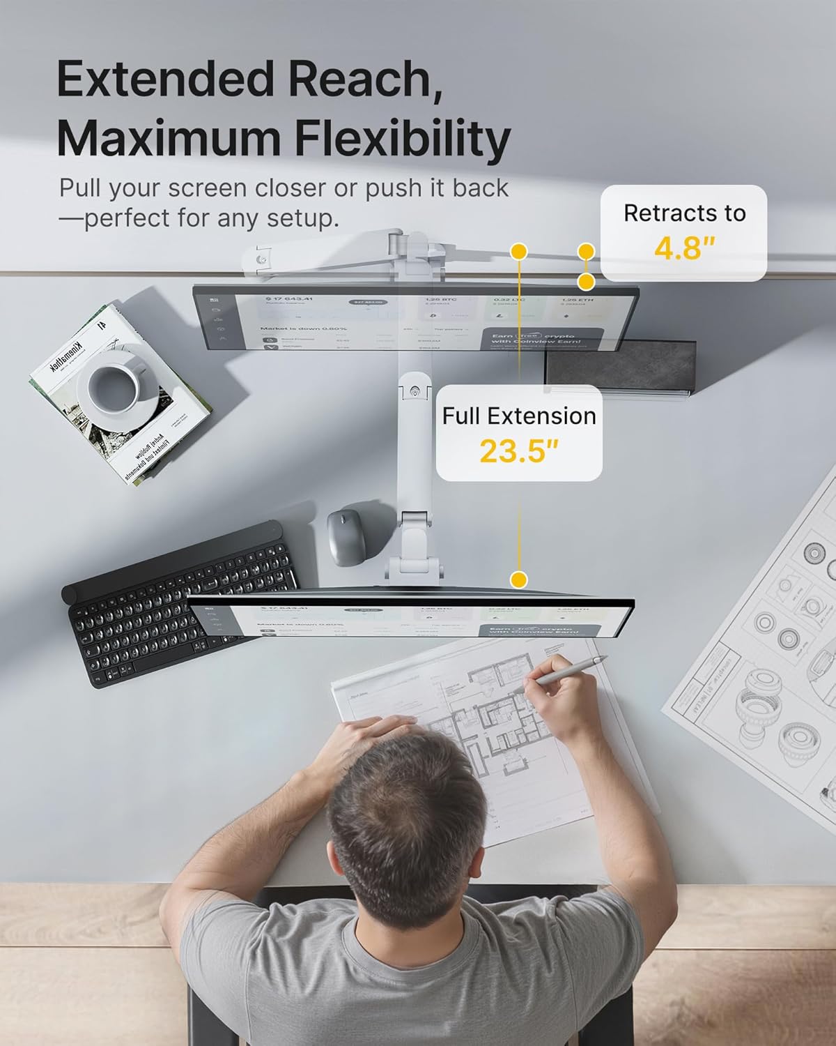 monTEK Ultra Wide Monitor Wall Mount for 17-49 Inch Screens, Heavy Duty Single Monitor Mount up to 44 lbs, Fully Adjustable Gas Spring Wall Mount, 75x75/100x100 VESA Mount, White