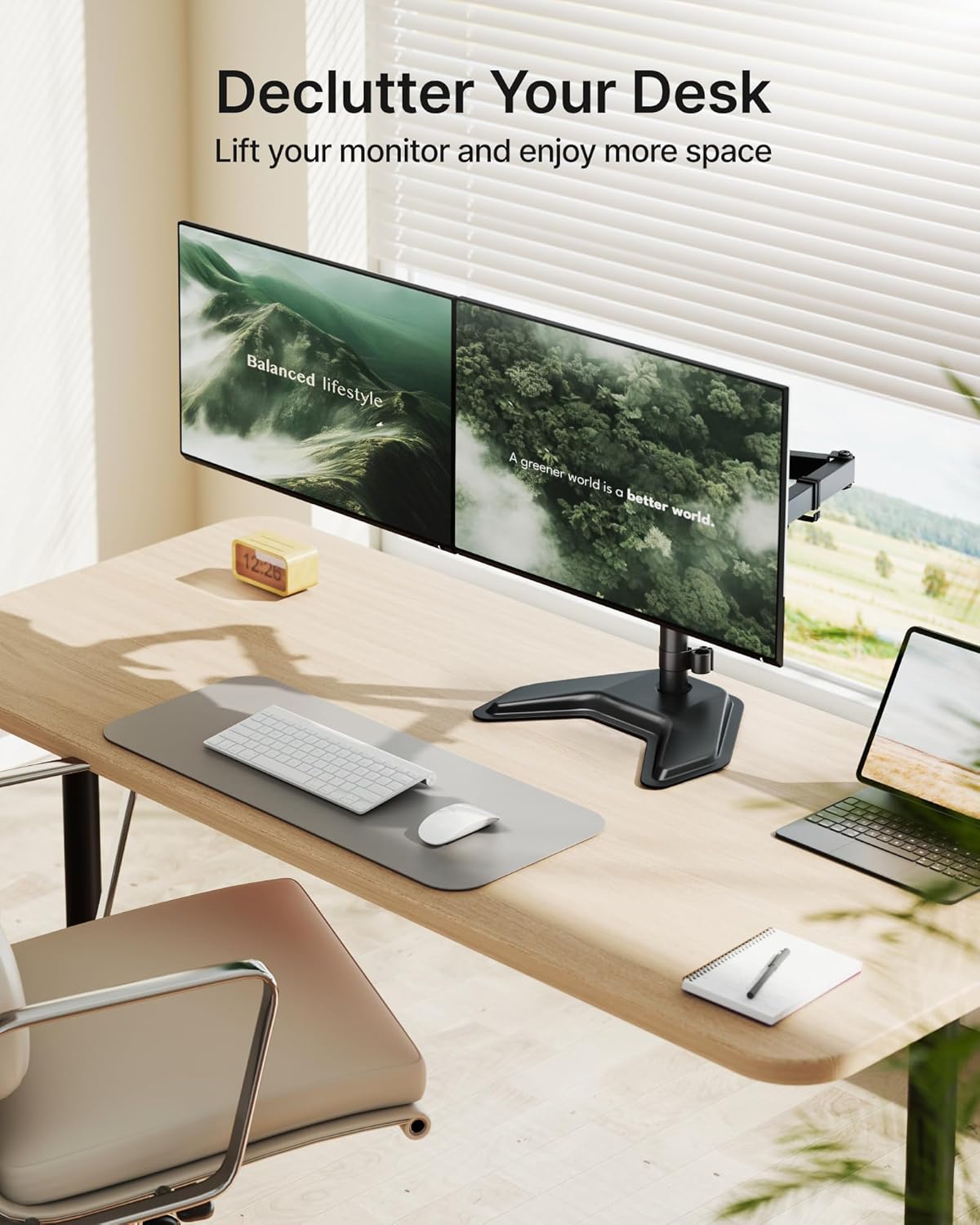 monTEK Stable Freestanding Dual Monitor Stand for 17–32” Computer Screens, Heavy-Duty Desk Mount with 22 lbs per Arm, Fully Adjustable Brackets and Arms, Solid V-Shaped Base, VESA 100×100mm Max