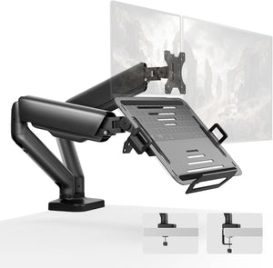 monTEK Laptop Arm Mount for Desk for Max 32” Screen and 18” Notebook, Dual Monitor Stand with Adjustable Laptop Holder, Holds up to 19.8 lbs, Full Motion Arm with Clamp/Grommet Base, 75/100 VESA Mount