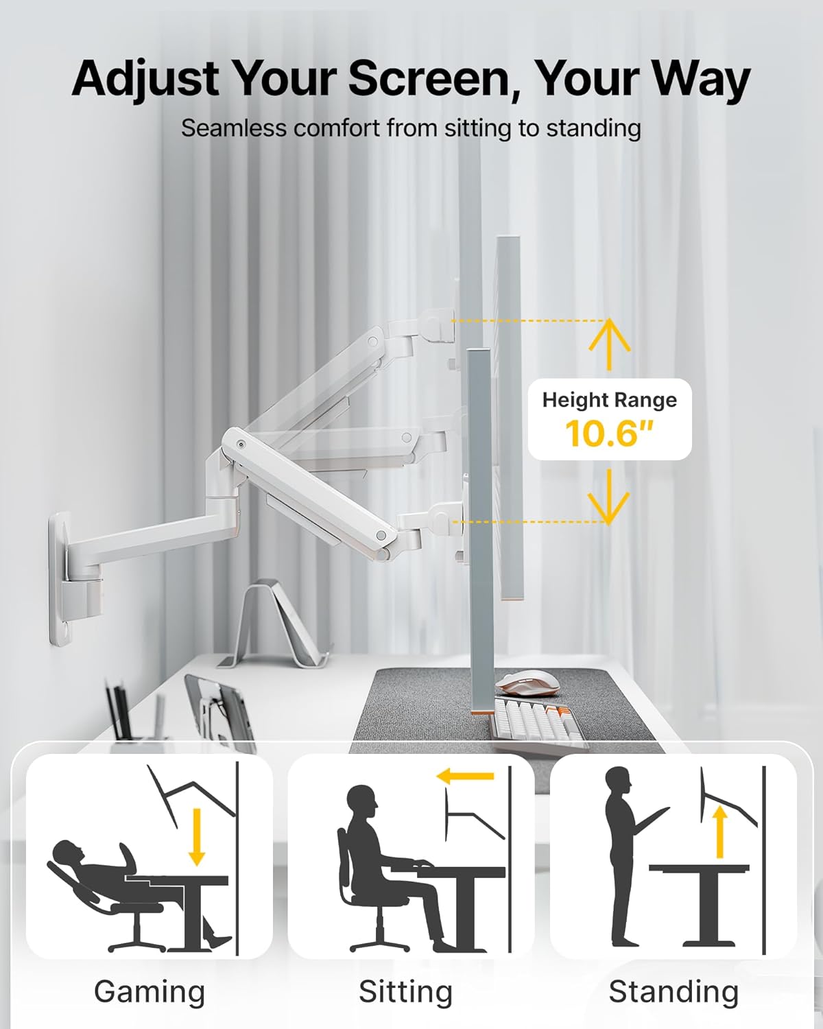 monTEK Ultra Wide Monitor Wall Mount for 17-49 Inch Screens, Heavy Duty Single Monitor Mount up to 44 lbs, Fully Adjustable Gas Spring Wall Mount, 75x75/100x100 VESA Mount, White