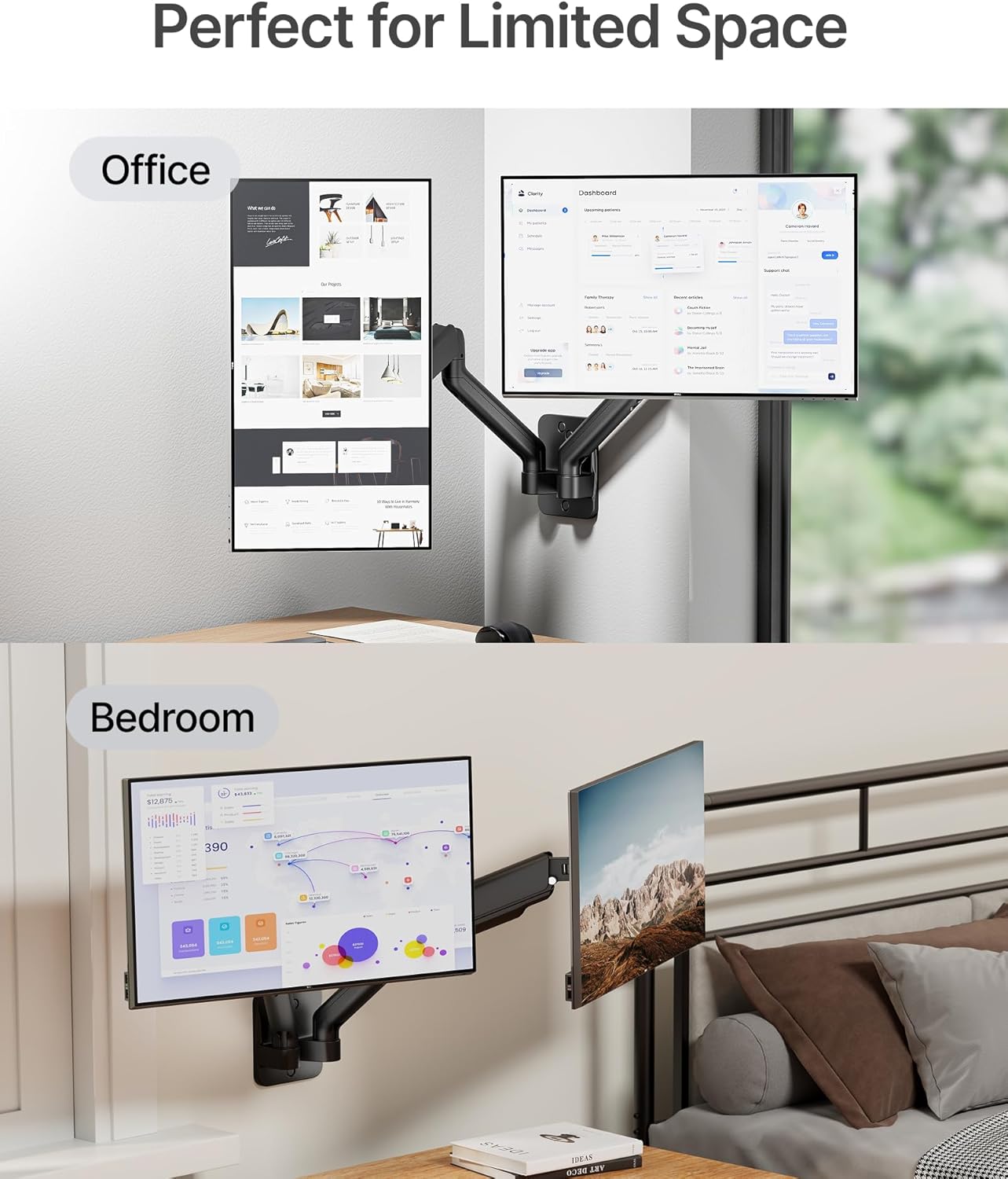 monTEK Dual Monitor Wall Mount for 17 to 32 inch Flat/Curved Screens, Each Holds to 19.8 lbs, Full Motion Adjustable Mechanical Spring Monitor Arm, 75x75/100x100 VESA Wall Mount, Black