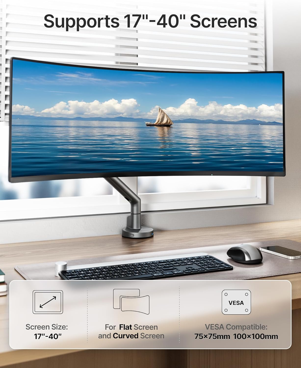 monTEK Single Monitor Arm with USB for 17-40 Inch Screens, Up to 24.3lbs, Heavy Duty Monitor Mount with VESA Mount, Full Motion Adjustment Monitor Stand C-Clamp/Grommet Base,VESA 75/100mm, MA1010UCDG