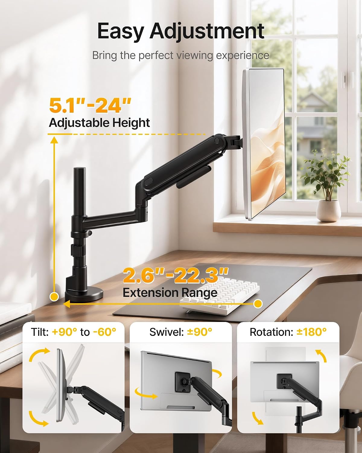 monTEK Single Monitor Arm with Pole, Aluminum Heavy-Duty Height Adjustable Desk Stand for 17″–40″ Ultrawide Computer Screens,Full Motions Arm Mechanical Spring Holds Up to 26.4lbs, VESA 75/100,Black
