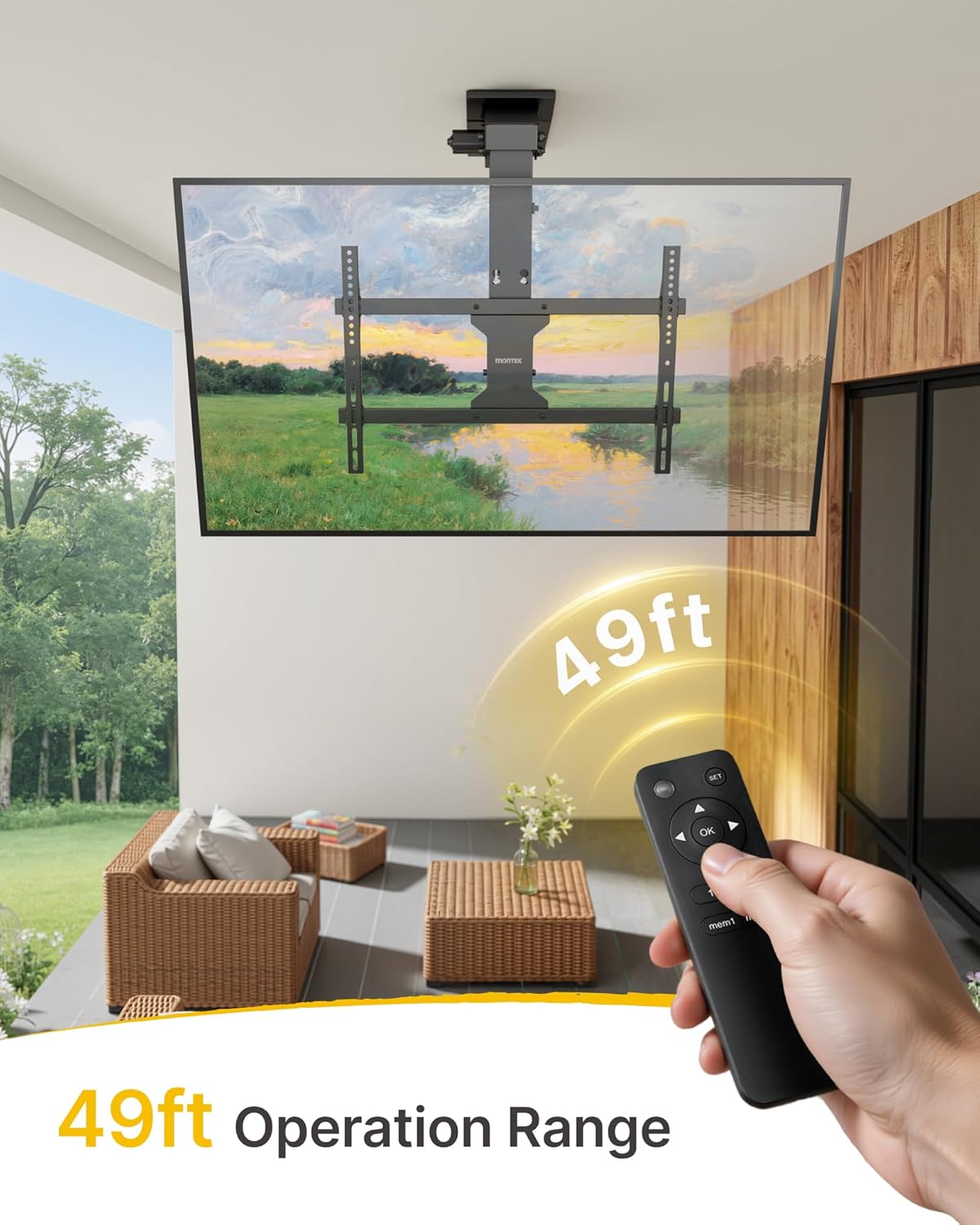 monTEK Motorized Ceiling TV Mount with Remote for 37-75 Inch TVs, Electric TV Mount Motorized Drop Down for Flat and Pitched Roof,Holds up to 99 lbs, 4X Load Tested, App and Voice Control