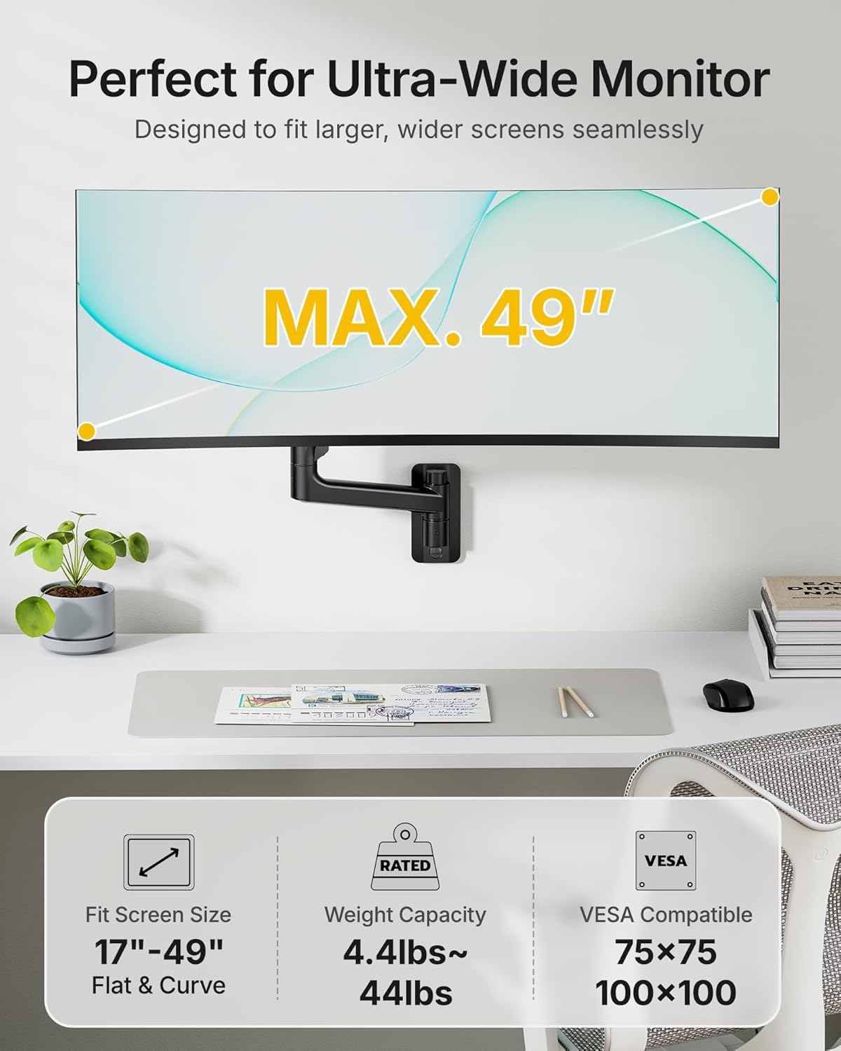 monTEK 17-49 inch Single Monitor Wall Mount for up to 44 lbs Ultrawide Screen, Premium Aluminum Heavy Duty Monitor Arm with Adjustable Gas Spring Arm, 75x75/100x100 VESA Mount, Black