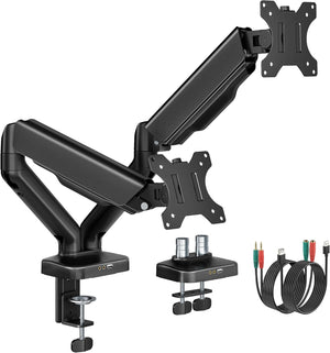 monTEK Heavy Duty Dual Monitor Arm with USB/Audio Ports for 17-32” Screens, Premium Mechanical Spring Monitor Arm up to 19.8 lbs, Full Motion Monitor Desk Mount, VESA 75/100 mm, Clamp/Grommet