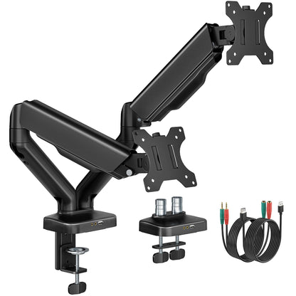 monTEK Heavy Duty Single Monitor Arm with USB/Audio Ports for 17-32” Screens, Premium Mechanical Spring Monitor Arm up to 19.8 lbs, Full Motion Monitor Desk Mount, VESA 75/100 mm, Clamp/Grommet