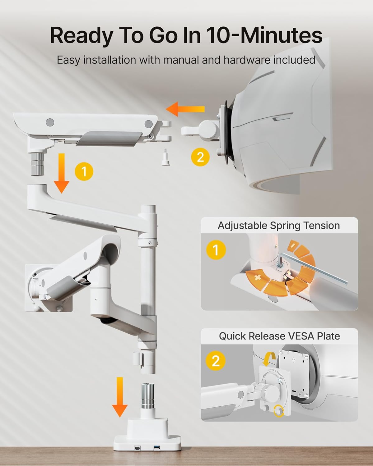 monTEK Premium Aluminum Monitor Arm for 17–57” Ultrawide Screens up to 59 lbs, USB 3.0 Dual Desk Mount with Adjustable Gas Spring, Quick-Release Plate, 10-Min Assembly, Clamp/Grommet, Max VESA 100x100