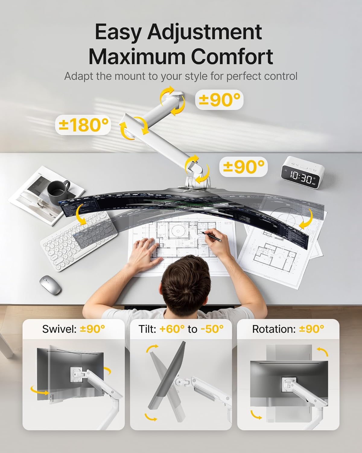monTEK Heavy-Duty Single Monitor Wall Mount for 17-57” Ultrawide Screens up to 59.4lbs, Premium Aluminum Wall Mount Monitor Arm with Full Motion Adjustment, Pneumatic Lift, Max VESA 100x100