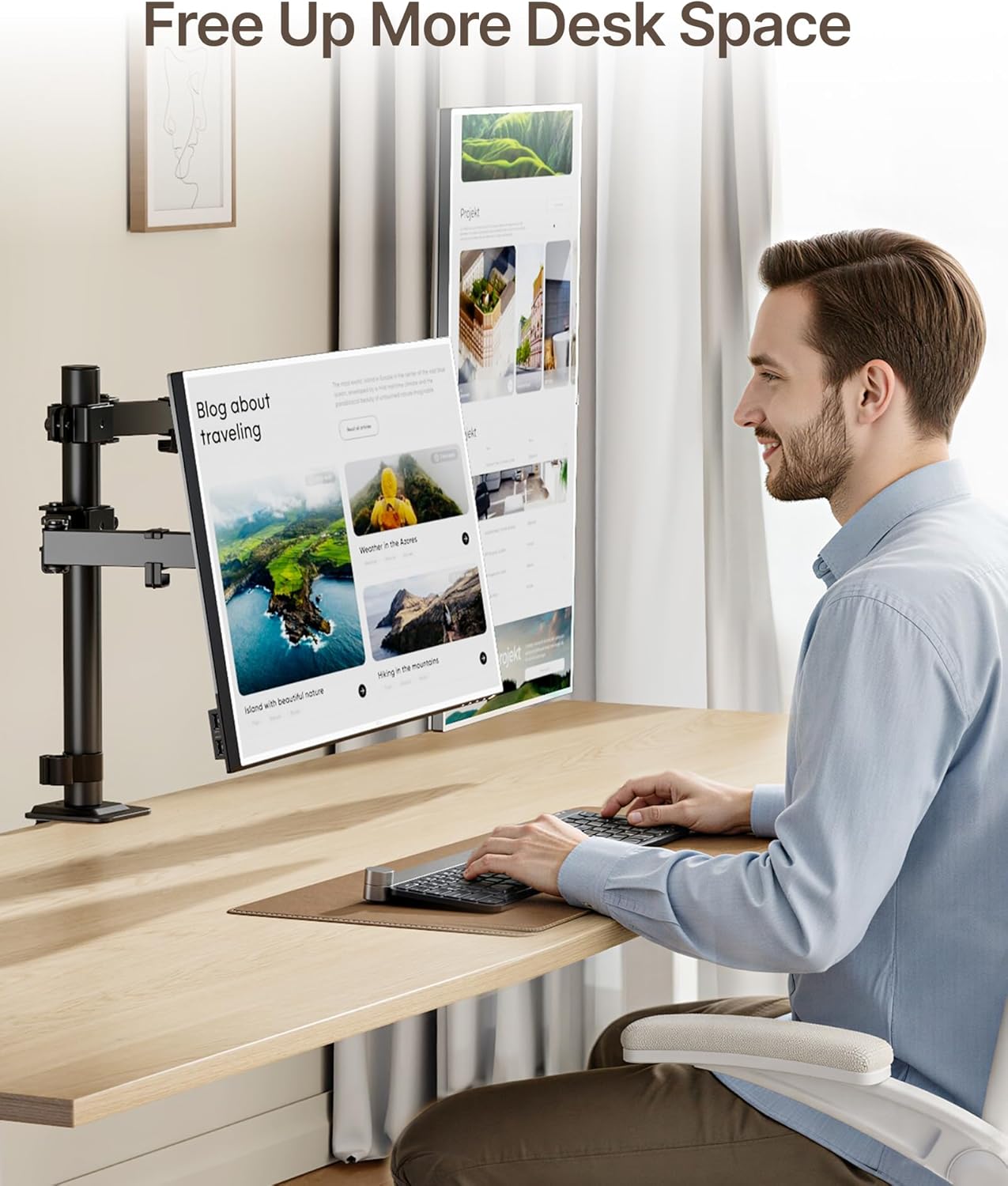 monTEK Dual Monitor Stand for 17"–32” Computer, Adjustable Height Stable Monitor Mount Fit up to 32 inch Screen, Hold up to 22lbs Weight, C-Clamp and Grommet, VESA 75x75mm/100x100mm