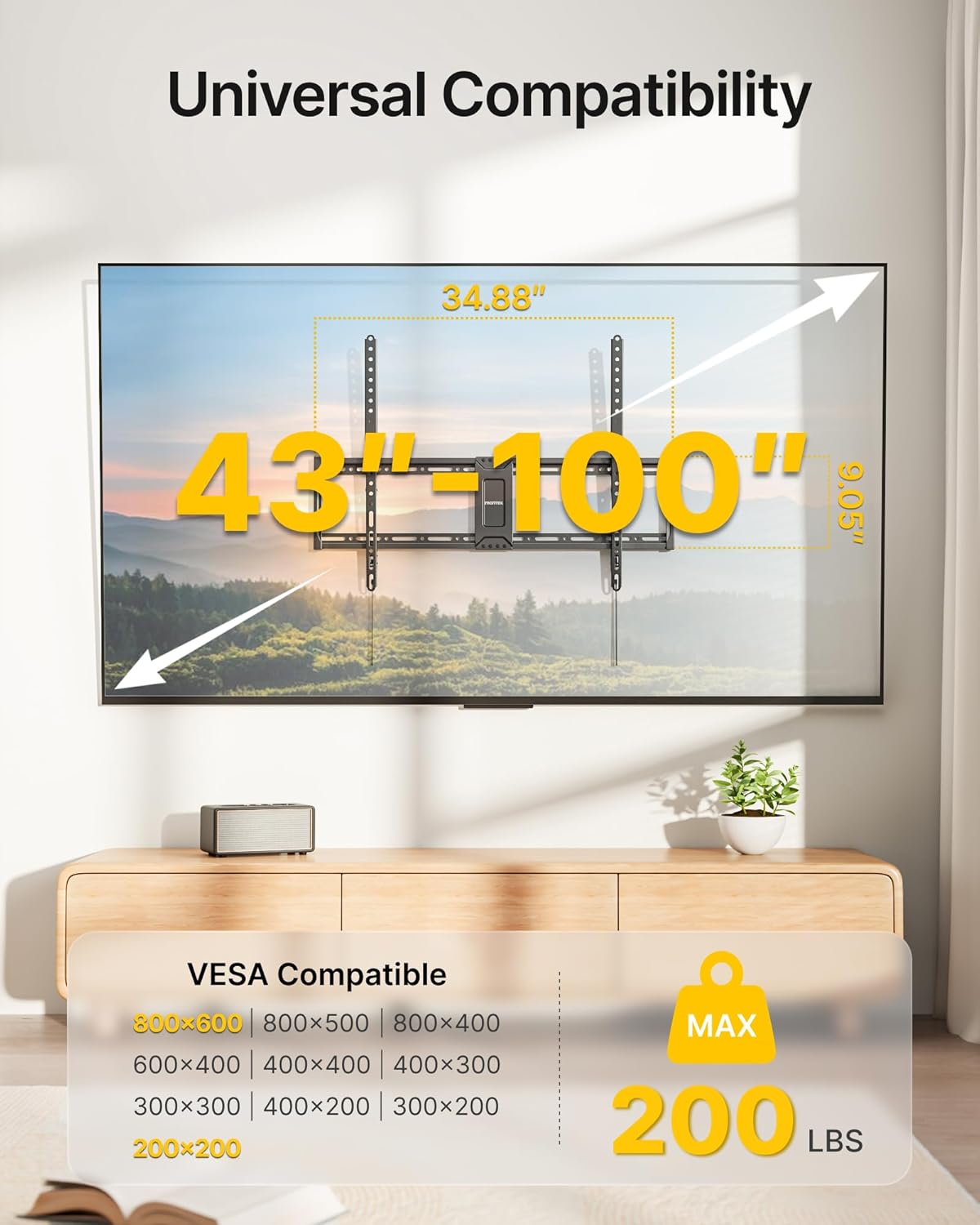 monTEK Heavy Duty Tilt TV Wall Mount for 43–100" Large Flat & Curved TVs, Holds 200 lbs, Ultra Slim Low Profile Bracket with 8° Tilt, Fits 16"/18"/24"/32" Wood Studs, Max VESA 800x600, 4× Load Tested