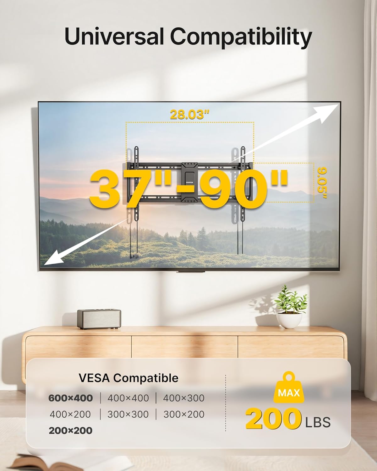 monTEK Heavy Duty Fixed TV Wall Mount for 37–90 Inch TVs, 1.1" Ultra Slim Low Profile Bracket, 200 lbs Capacity, Max VESA 600x400mm, Fits 16"/18"/24" Studs, Space-Saving for Large Flat & Curved TVs