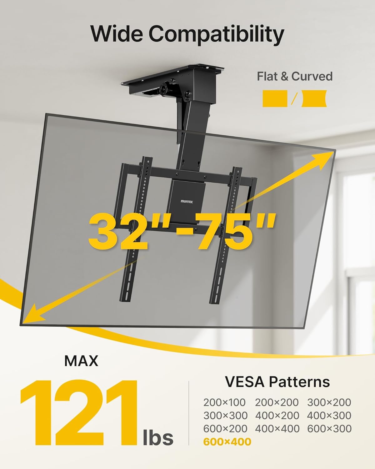 monTEK Motorized Ceiling TV Mount for 32-75 Inch TVs up to 121lbs, Heavy-Duty Electric Flip Down Ceiling Mount, Off-Center TV Compatible, Remote/App/Voice Control, Fits Flat & Pitched Roof
