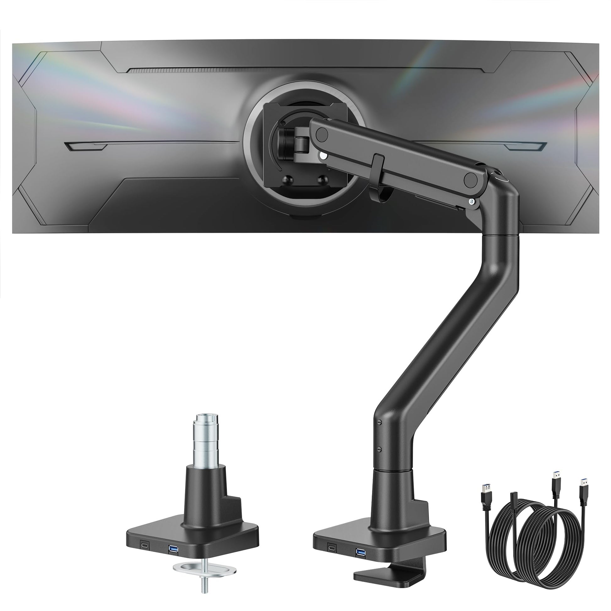 monTEK Single Monitor Arm with USB A/C, Ultrawide Monitor Stand for 17 to 57 Inch Curved Screen, Holds 59.4 lbs, Adjustable Gas Spring Arm, 75/100 VESA Mount, Clamp & Grommet Desk Mount, White