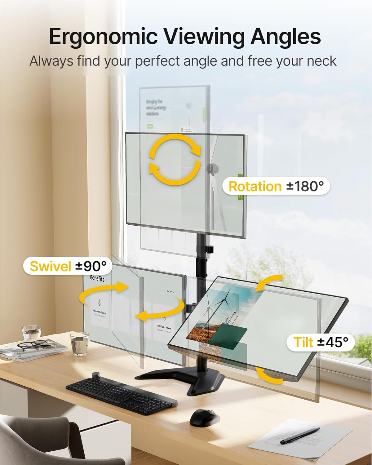 monTEK Stable Triple Monitor Stand, Free Standing Fully Adjustable Desk Mount for 3 Screen up to 17”-32” and 22lbs Capacity Each Arm, Heavy Duty Base, VESA 75x75mm/ 100x100mm