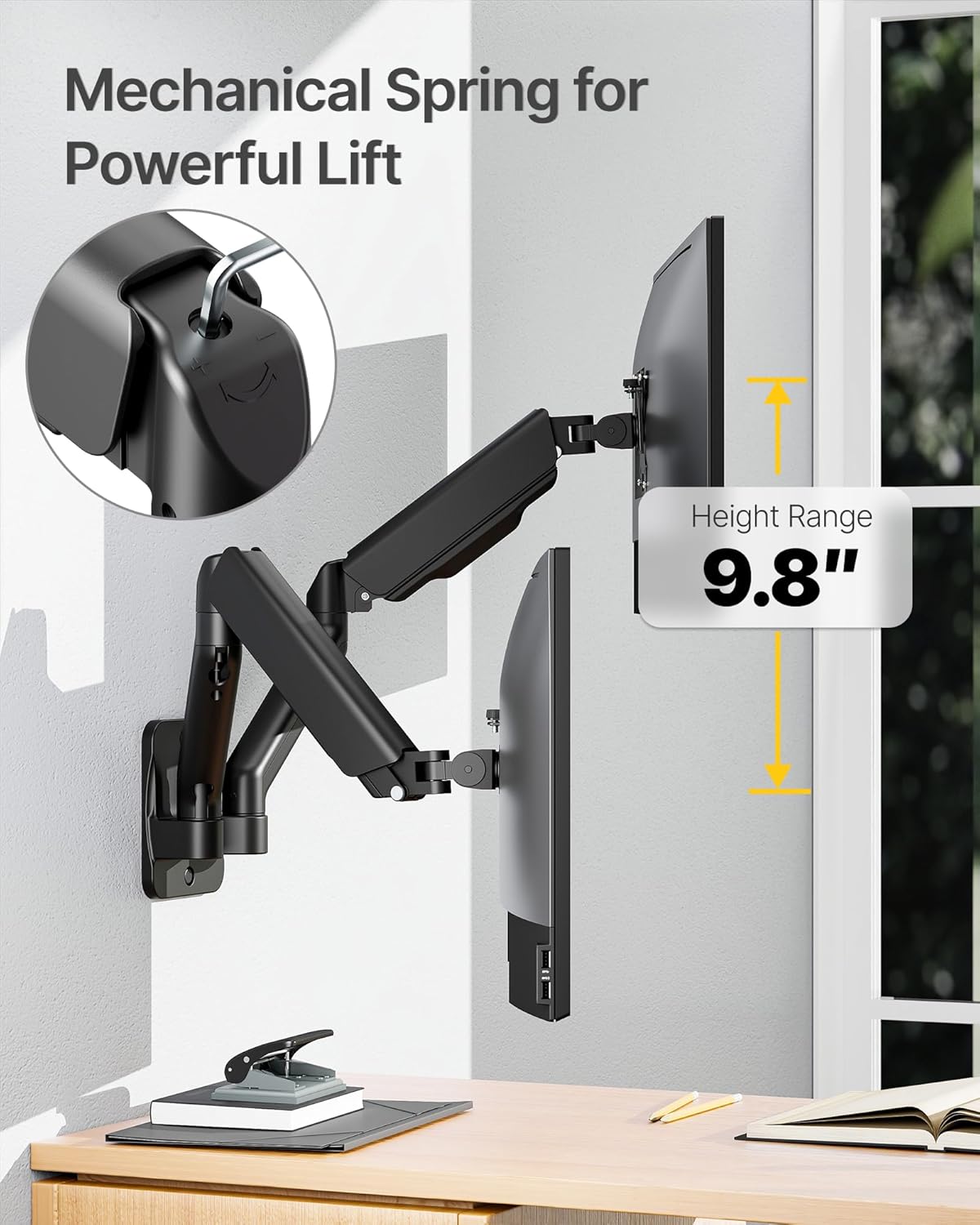 monTEK Dual Monitor Wall Mount for 17 to 32 inch Flat/Curved Screens, Each Holds to 19.8 lbs, Full Motion Adjustable Mechanical Spring Monitor Arm, 75x75/100x100 VESA Wall Mount, Black