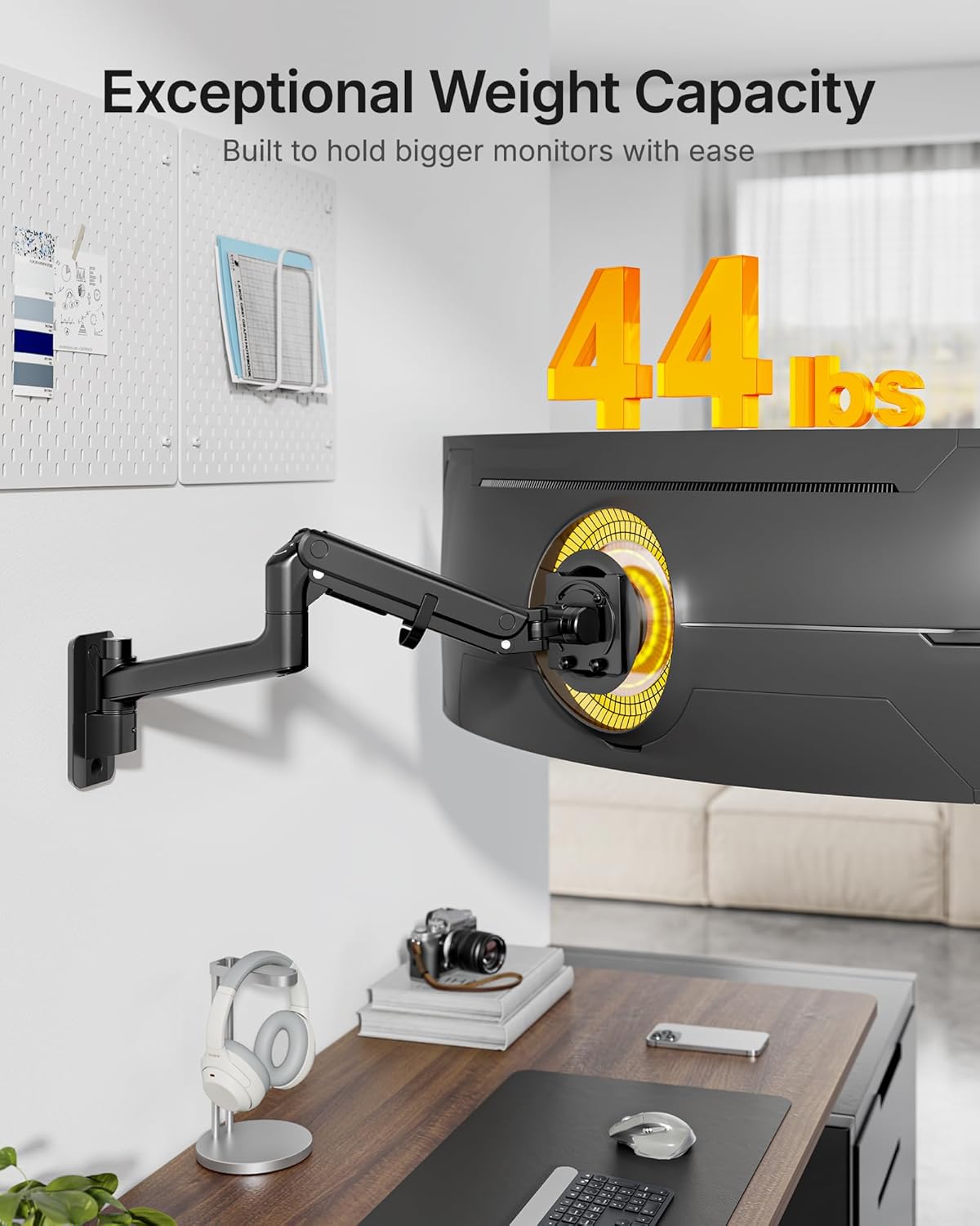 monTEK 17-49 inch Single Monitor Wall Mount for up to 44 lbs Ultrawide Screen, Premium Aluminum Heavy Duty Monitor Arm with Adjustable Gas Spring Arm, 75x75/100x100 VESA Mount, Black