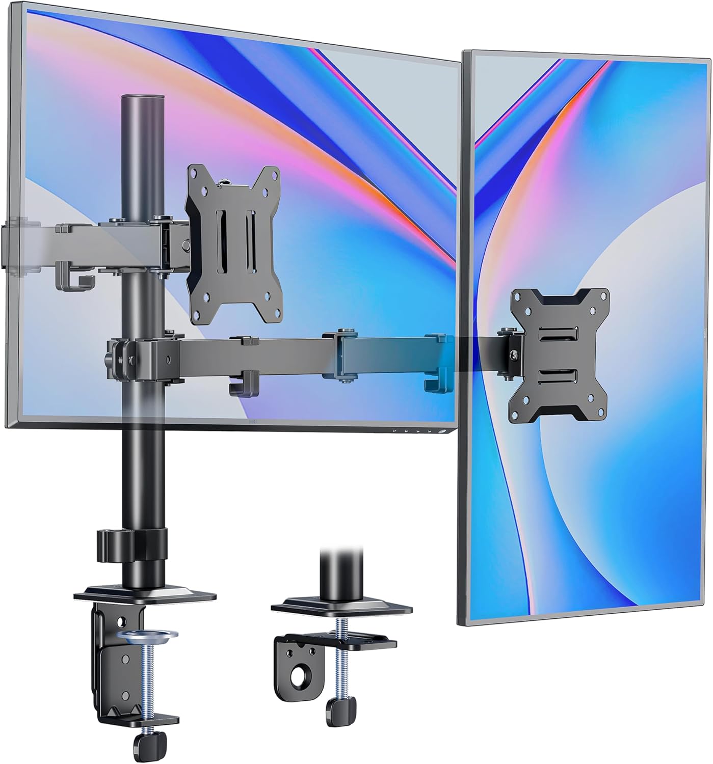monTEK Dual Monitor Stand for 17"–32” Computer, Adjustable Height Stable Monitor Mount Fit up to 32 inch Screen, Hold up to 22lbs Weight, C-Clamp and Grommet, VESA 75x75mm/100x100mm