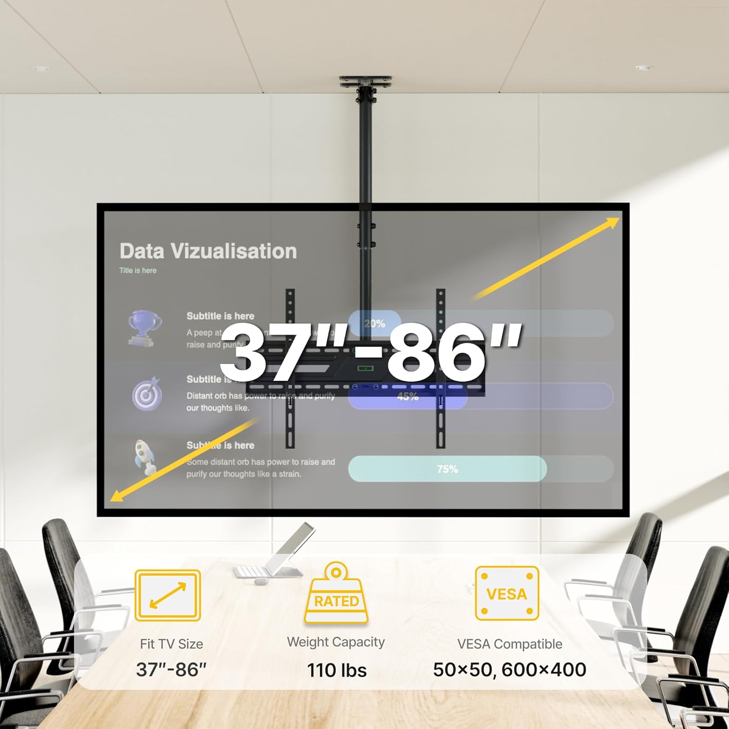 monTEK Ceiling TV Mount for 37-86 inch Flat Screen Displays, Hanging Adjustable Ceiling TV Bracket Fits Most LCD LED OLED 4K TVs, Pole Ceiling Mount Holds up to 110lbs, Max VESA 600x400mm, TM1009C-L