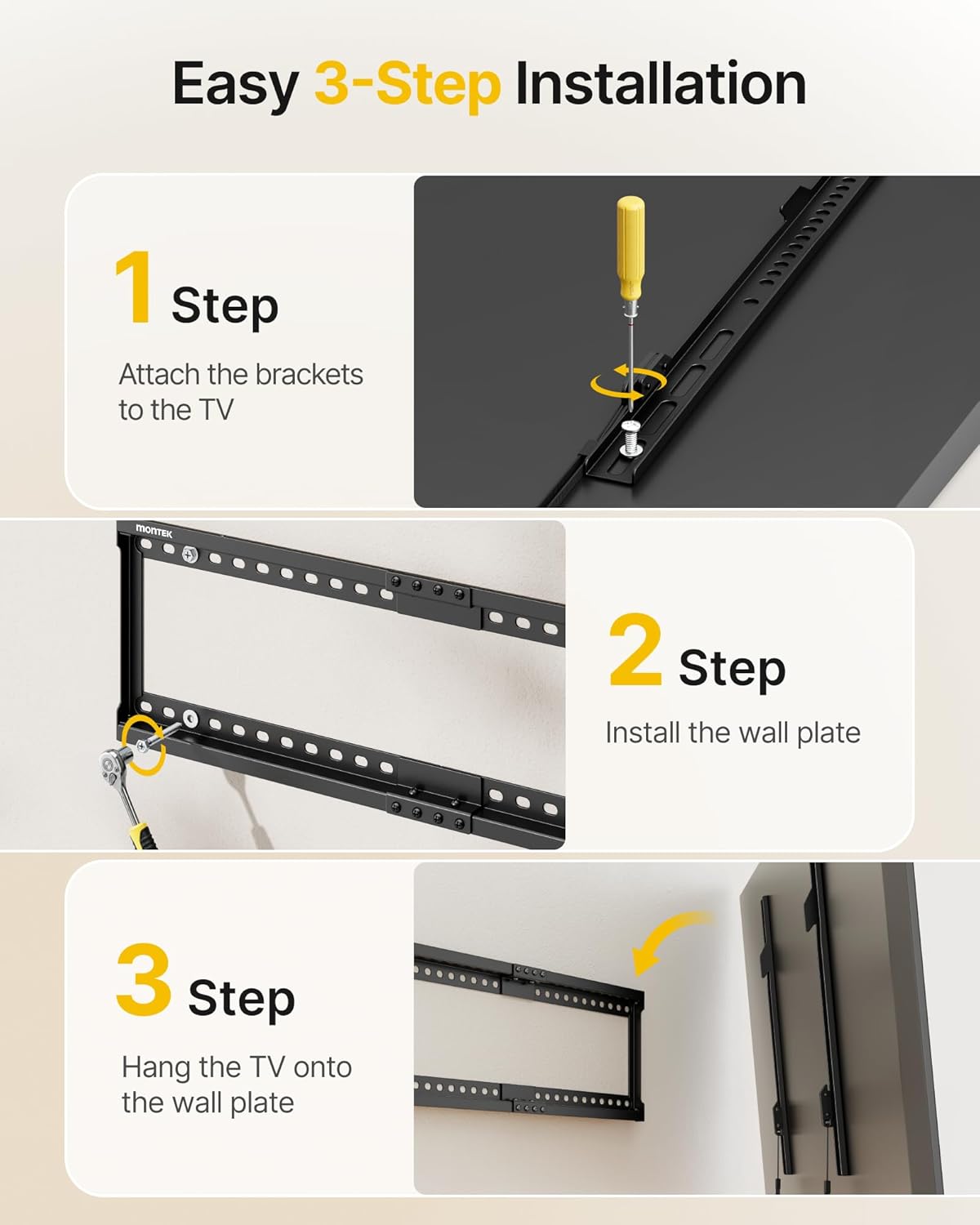 monTEK Fixed TV Wall Mount for 37-86 Inch Flat Curved TVs, Heavy Duty Low Profile Flush TV Mount Bracket Max VESA 600x400mm & 165 lbs Capacity, Fits 16"/18"/24" Wood Studs
