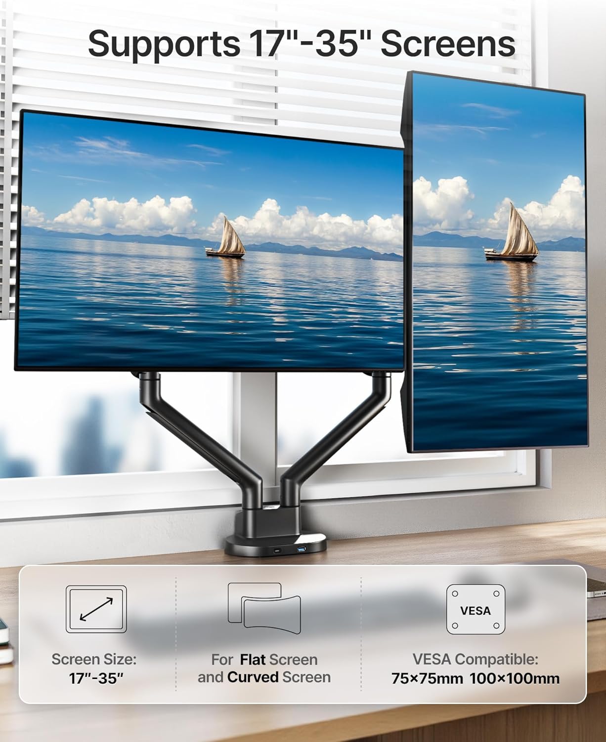 monTEK Dual Monitor Stand Mount with USB Up to 35" Screens, Each Arm Holds Max 24.3 lbs, Full Motion Adjustable Monitor Arm Desk Mount with C-Clamp/Grommet,VESA 75/100mm, MA1010UCBK-D