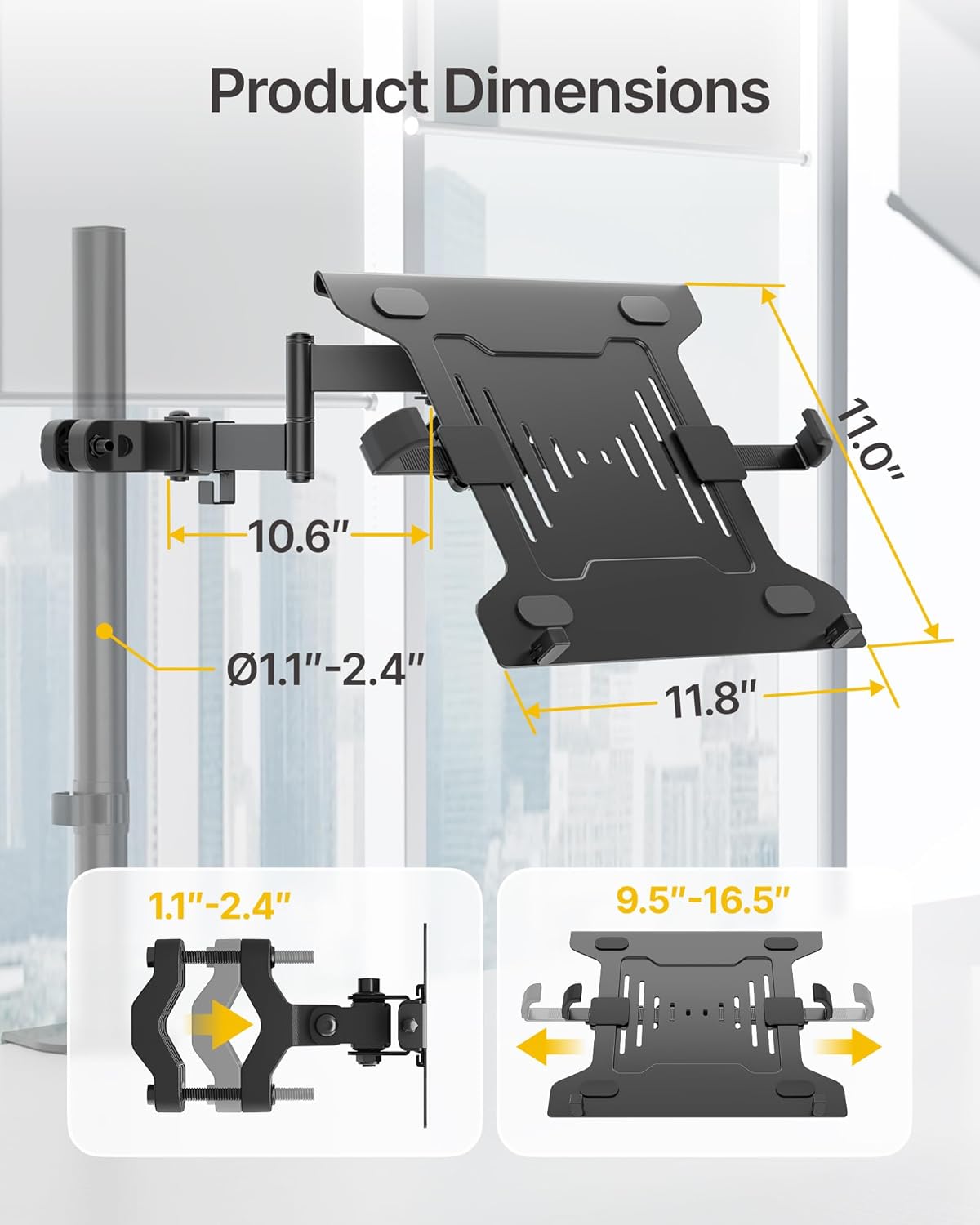 monTEK 2-in-1 Universal Laptop Pole Mount Tray for 10”- 15.6” Notebook or 17”-32” Monitor, Full Motion Laptop Mount with Removable 75/100mm VESA Plate, Fits 1.1”-2.4” Pole Diameter, Black